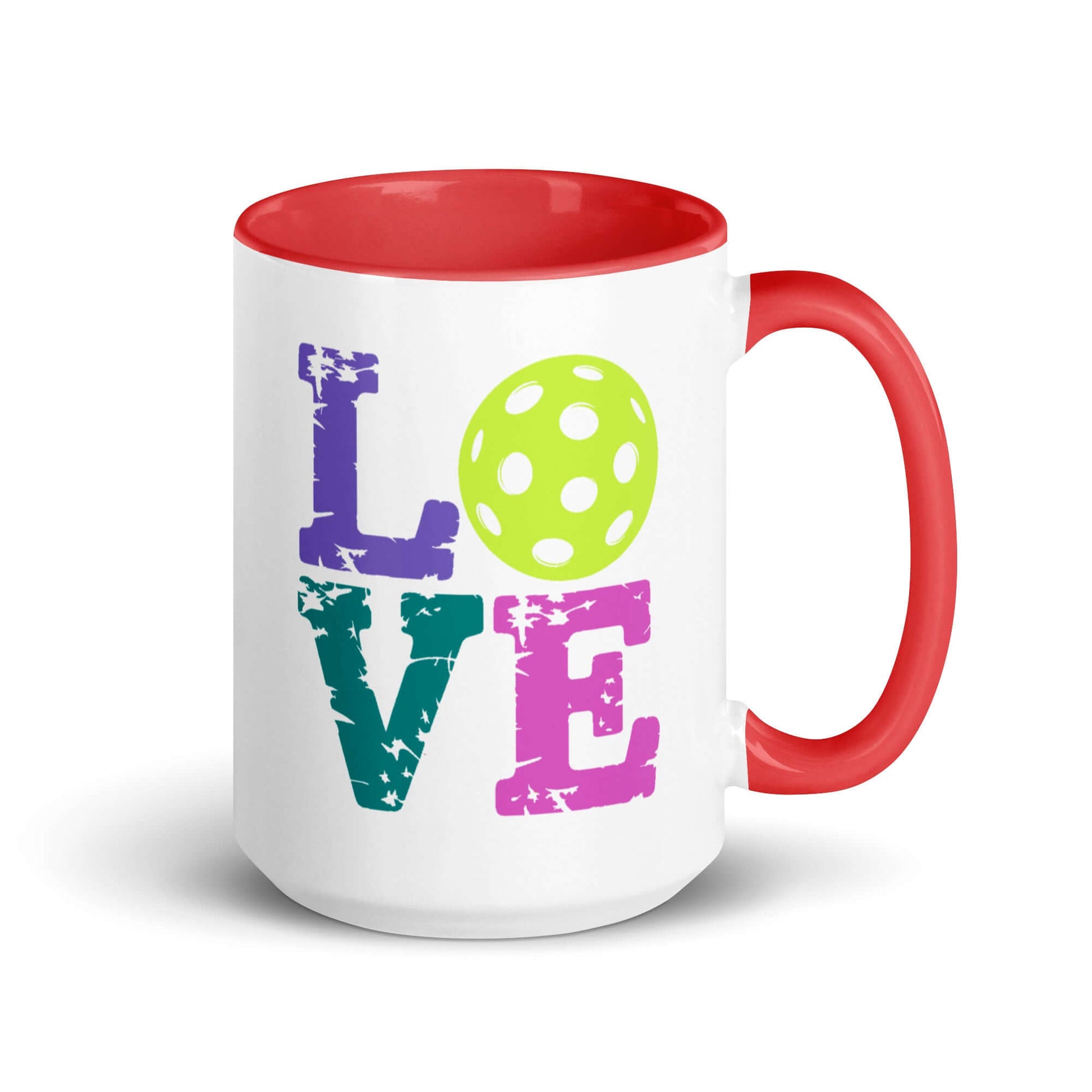 LOVE Pickleball Accent Mug with vibrant colors and playful design, perfect for coffee or tea lovers.