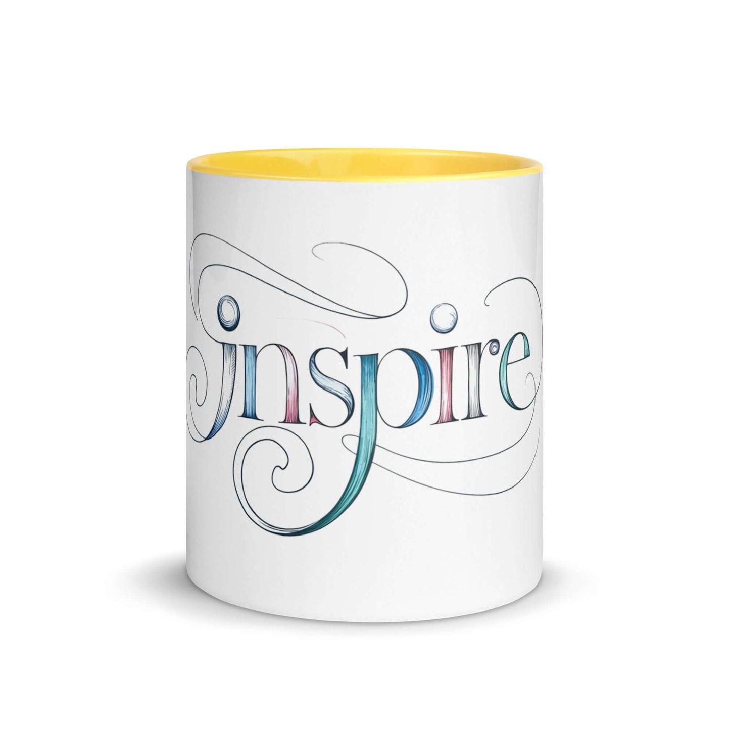 Inspire Sketch Mug with elegant word art design and colorful interior, perfect for creative mornings.