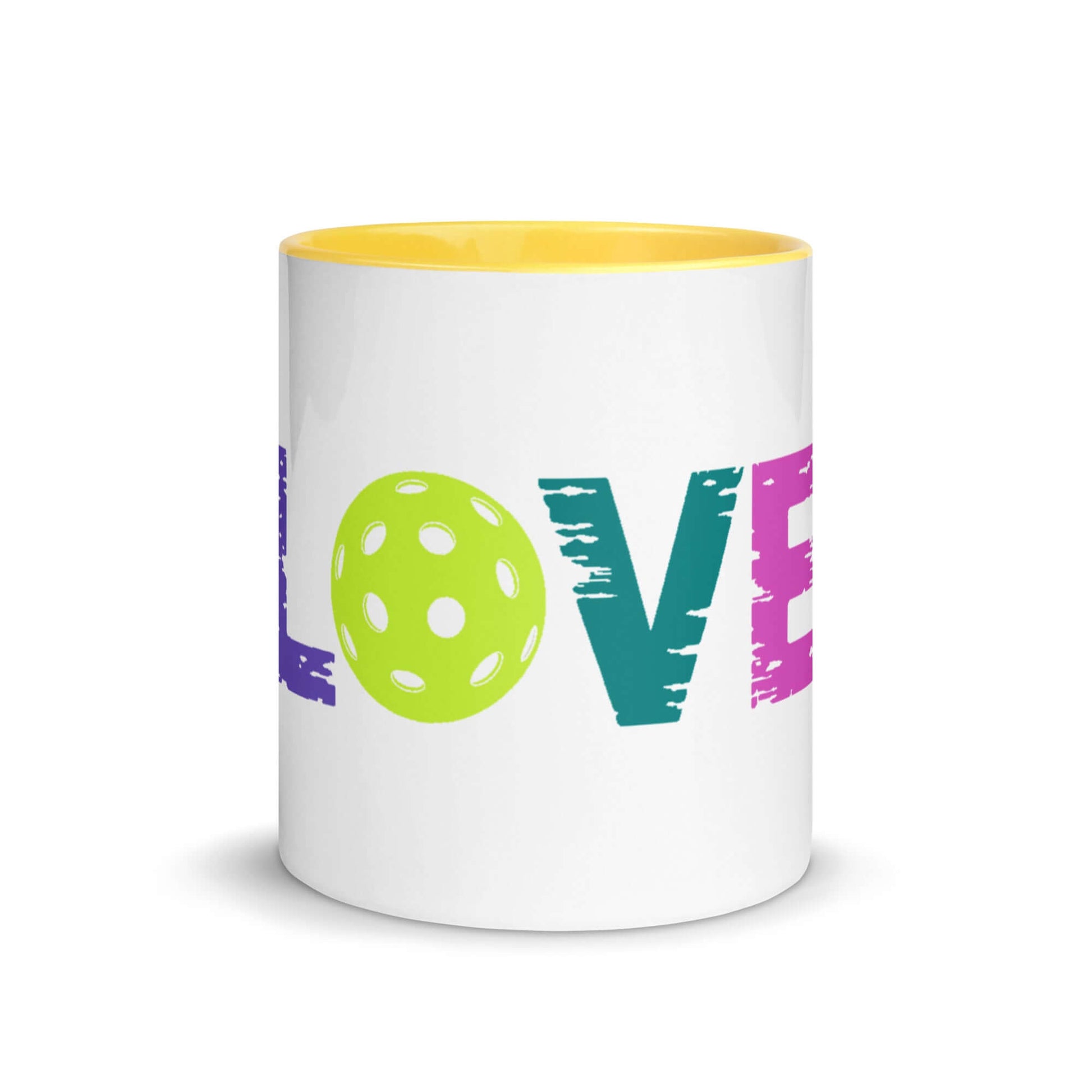 LOVE Pickleball Mug featuring vibrant colors and a playful pickleball design, perfect for pickleball enthusiasts.