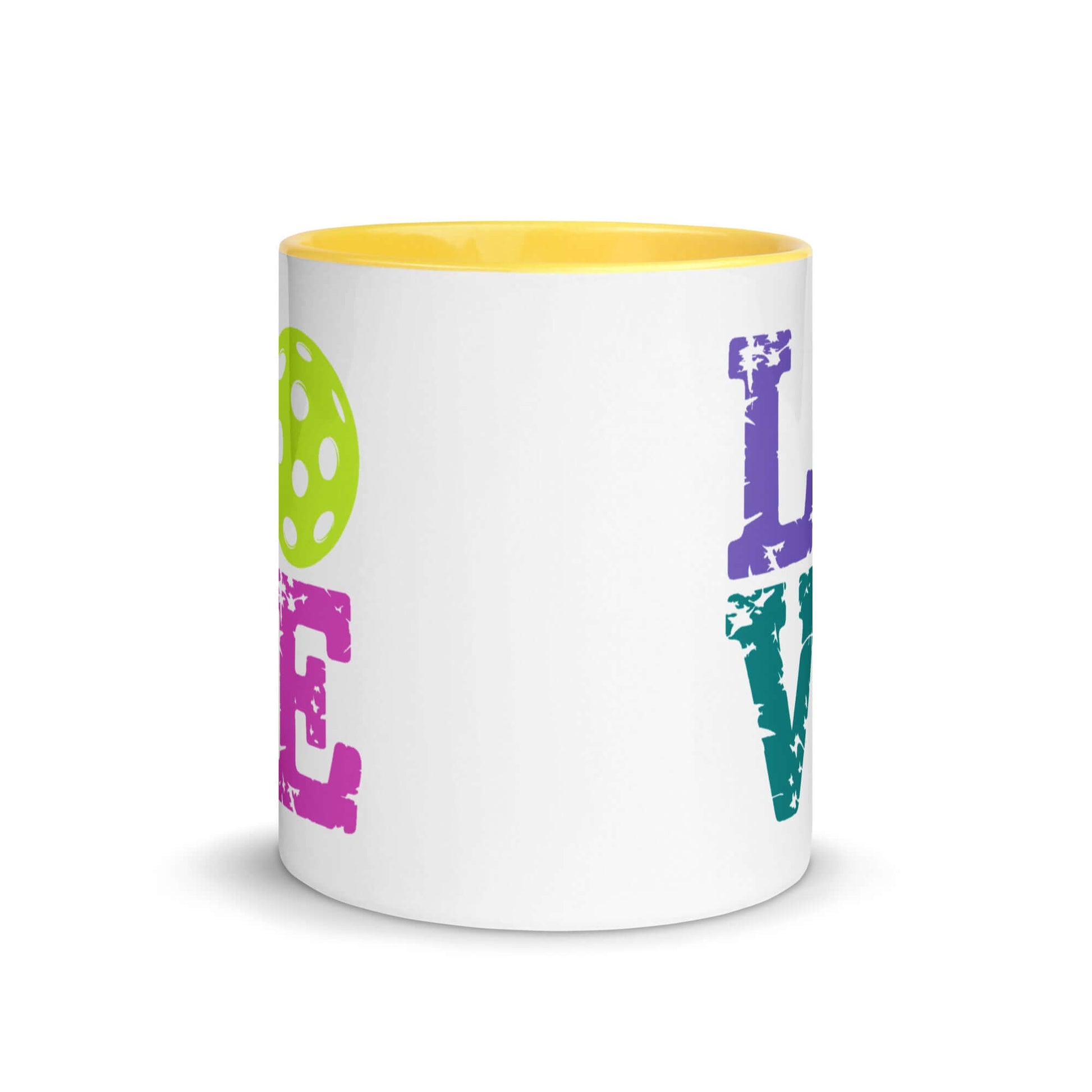 LOVE Pickleball Accent Mug with vibrant colors and playful design for pickleball enthusiasts.