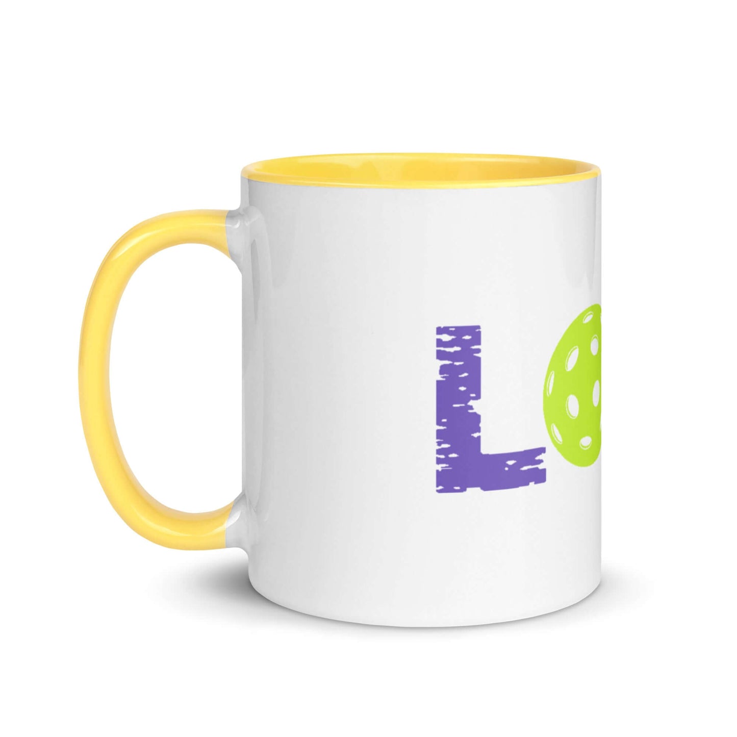 LOVE Pickleball Mug with yellow handle and vibrant colors, perfect for pickleball enthusiasts.