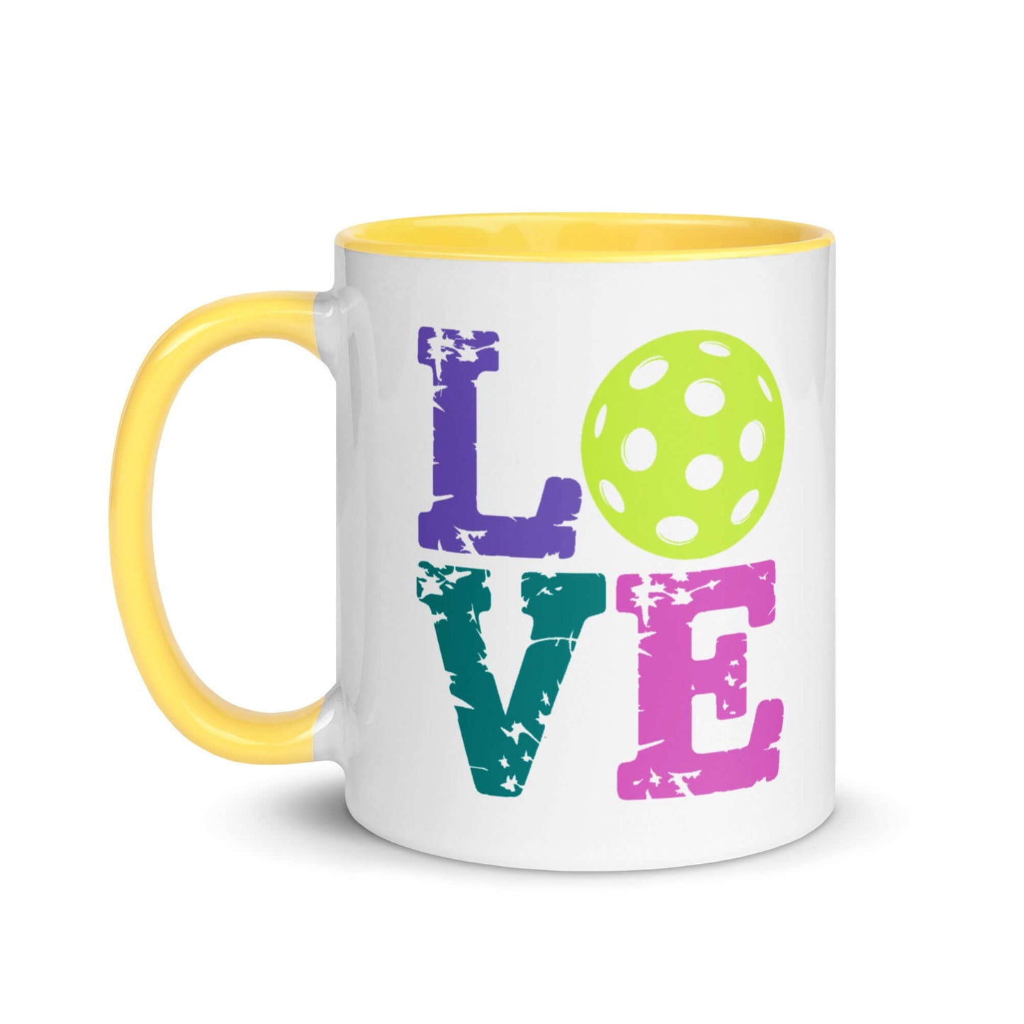 LOVE Pickleball accent mug with colorful letters and polka dot ball, perfect for coffee or tea lovers.