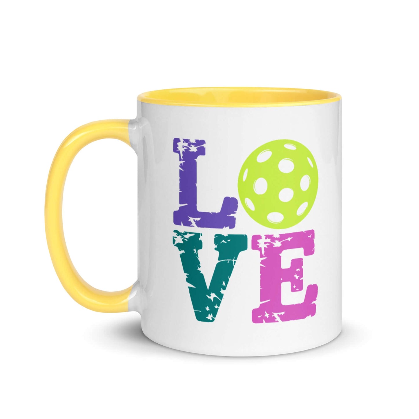 LOVE Pickleball Accent Mug with vibrant colors and polka dot design, perfect for pickleball enthusiasts.