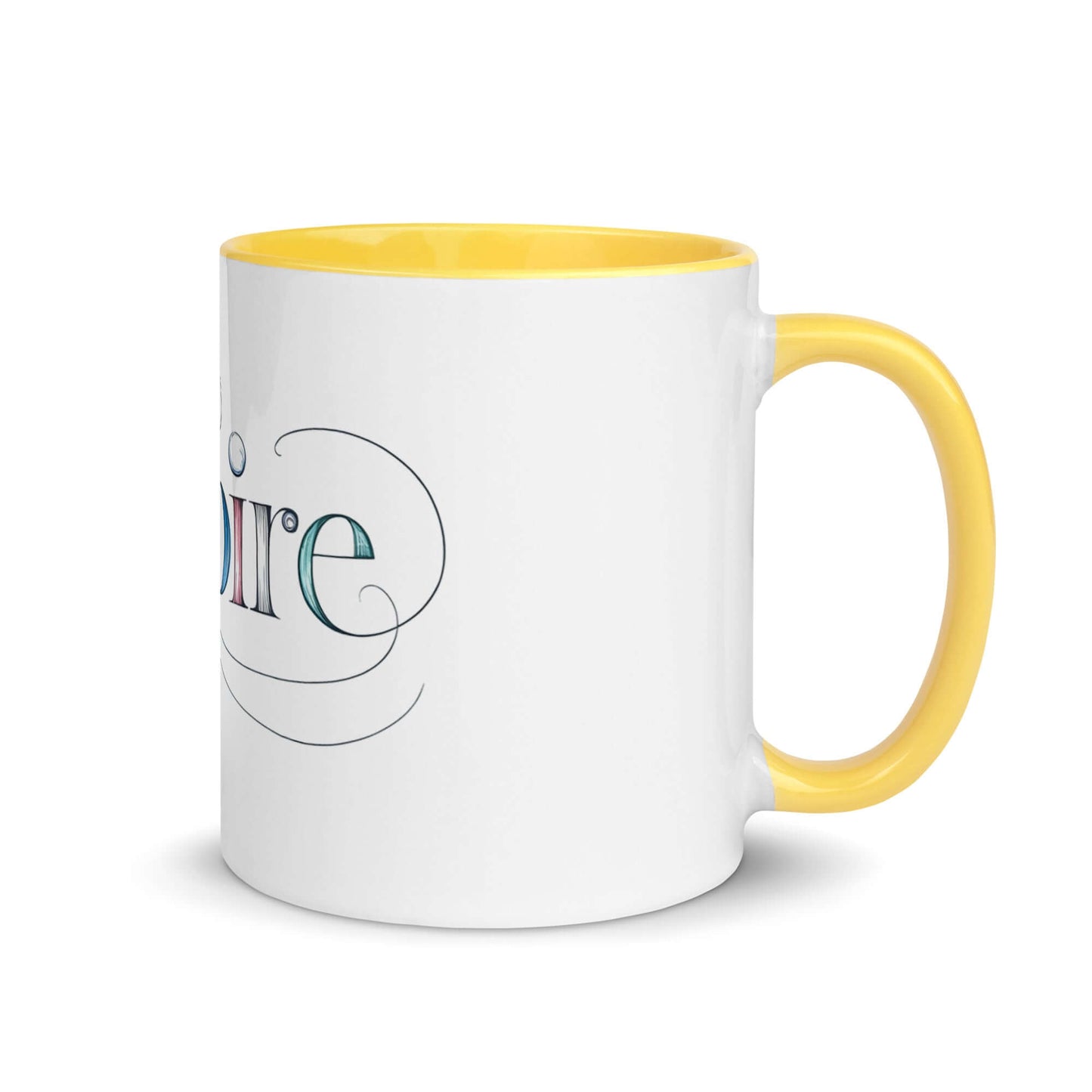 Inspire Sketch Mug with vibrant yellow interior featuring elegant word art design, perfect for brightening mornings.