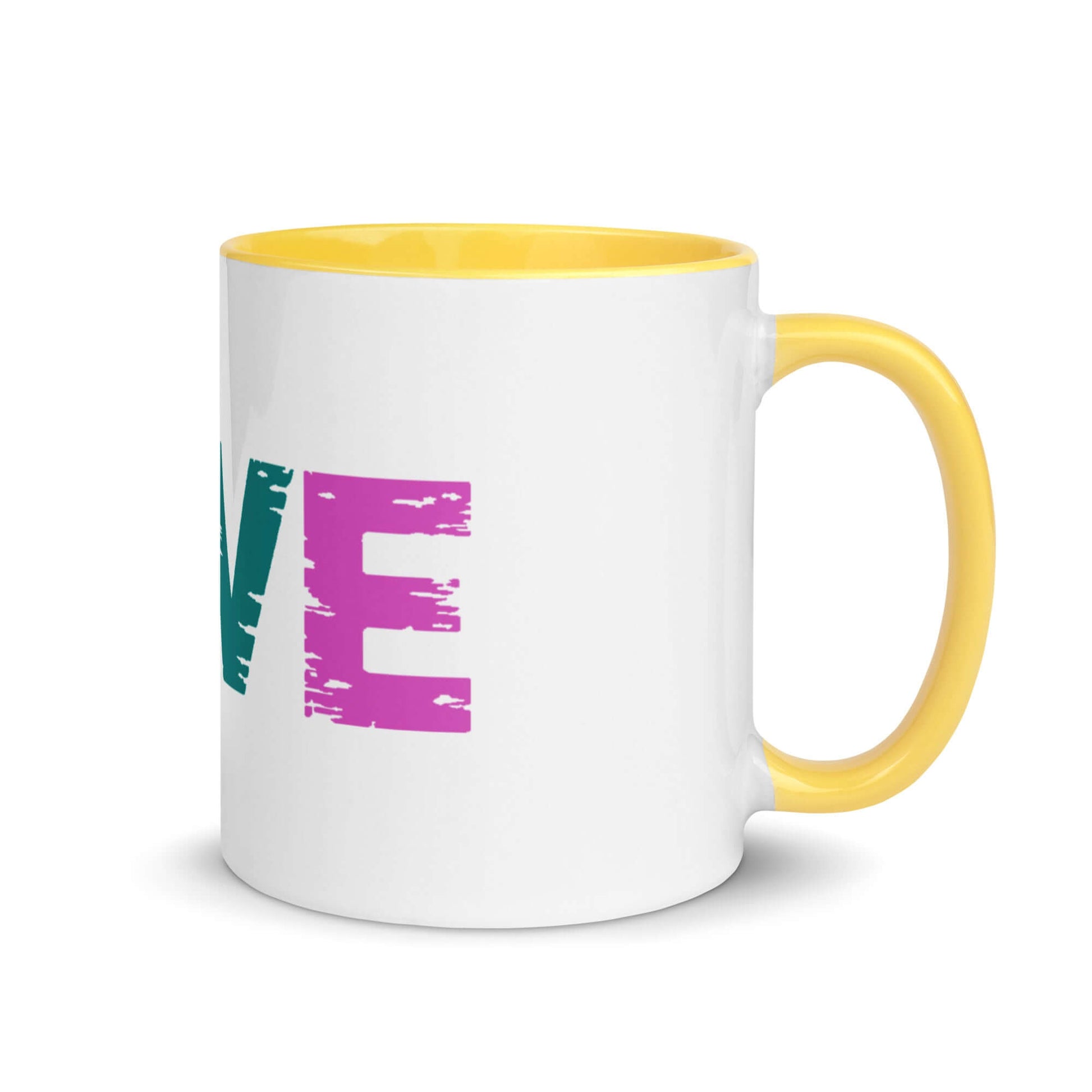 LOVE Pickleball Mug with colorful design and yellow interior, perfect for pickleball enthusiasts.