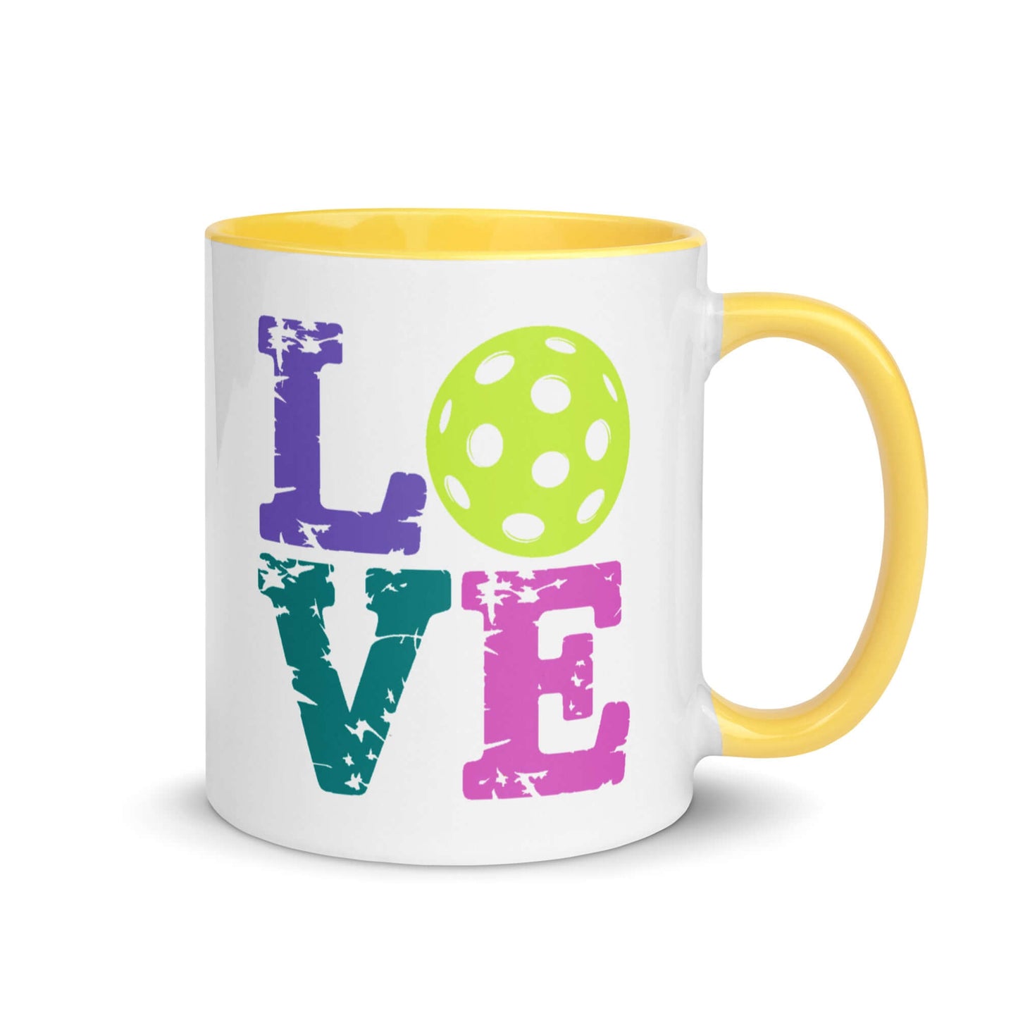 LOVE Pickleball Accent Mug with colorful letters and green polka dot ball design, perfect for coffee and tea lovers.