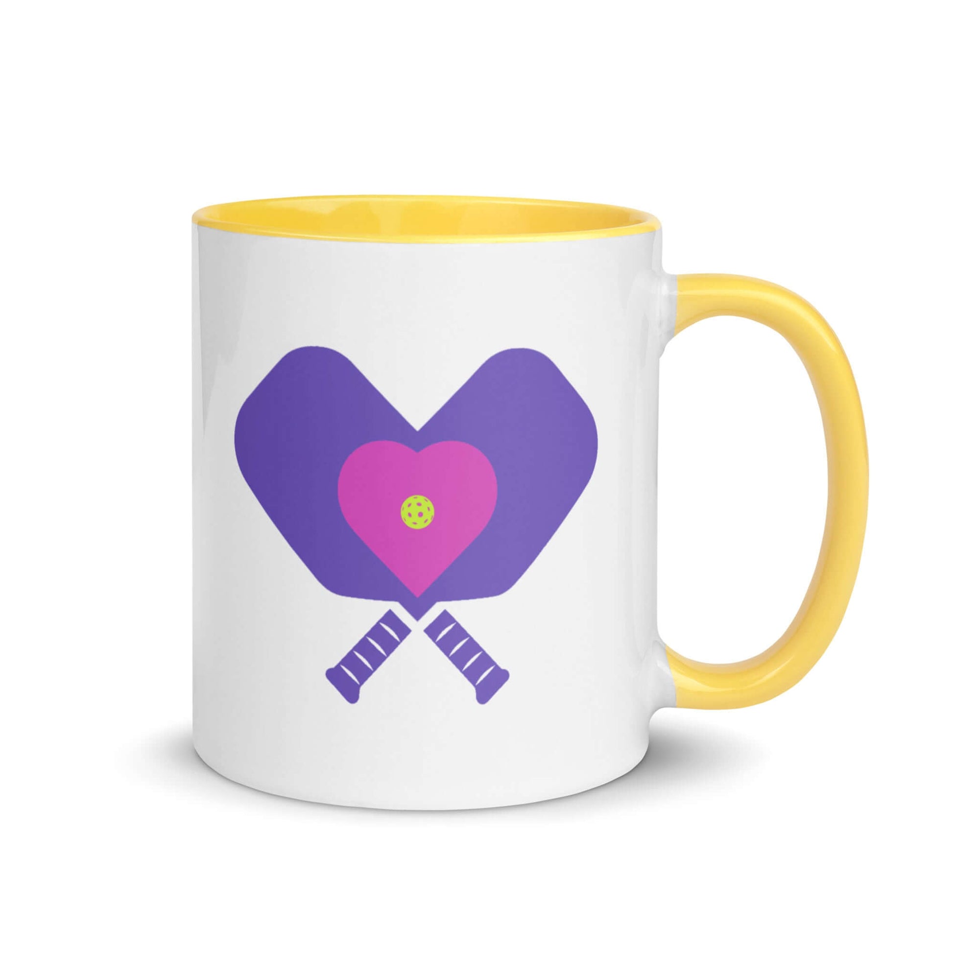 LOVE Pickleball accent mug with colorful heart and paddles design, perfect for showcasing your pickleball passion.