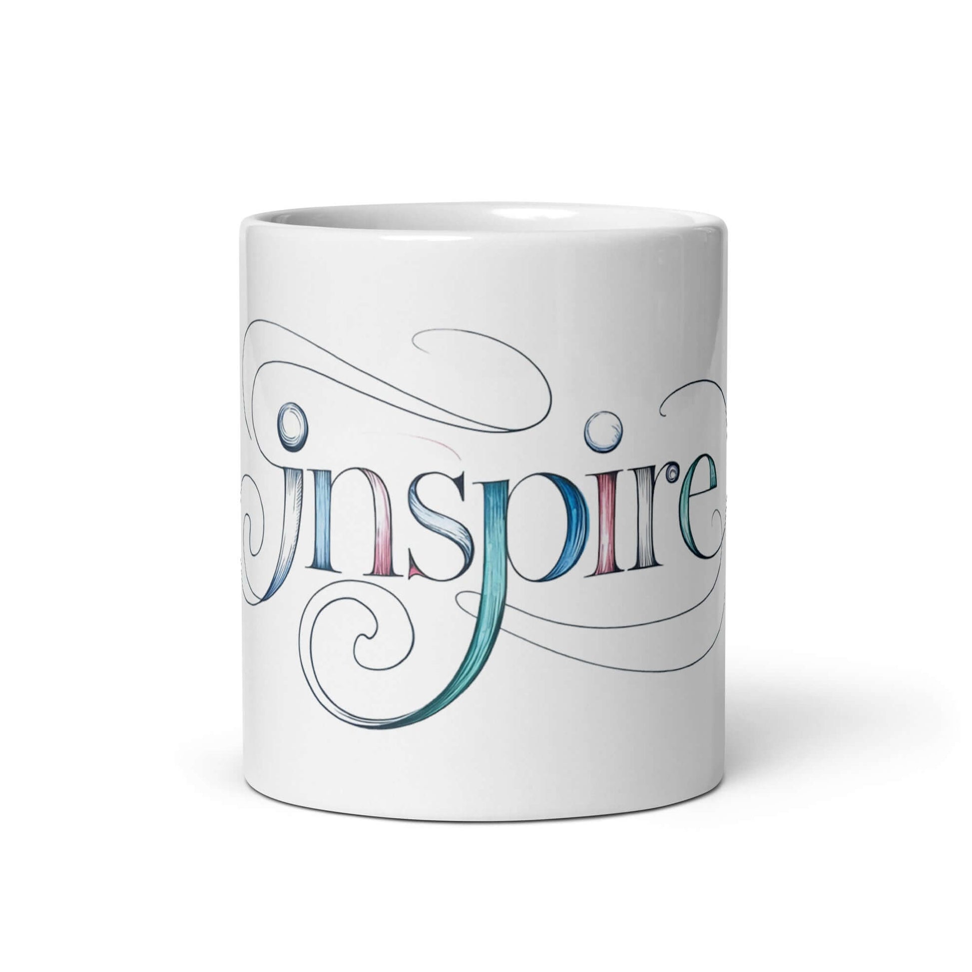 Inspire Sketch White Glossy Mug featuring elegant word art design with intricate patterns and swirls. Perfect for motivational beverages.