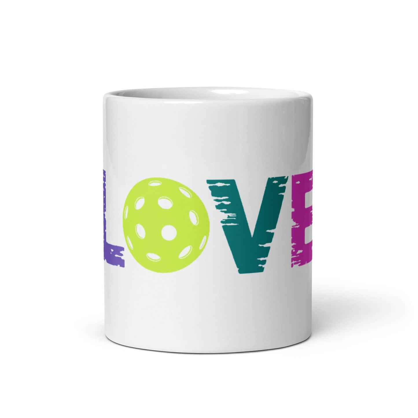 LOVE Pickleball white glossy mug with vibrant green pickleball and colorful text for avid fans.