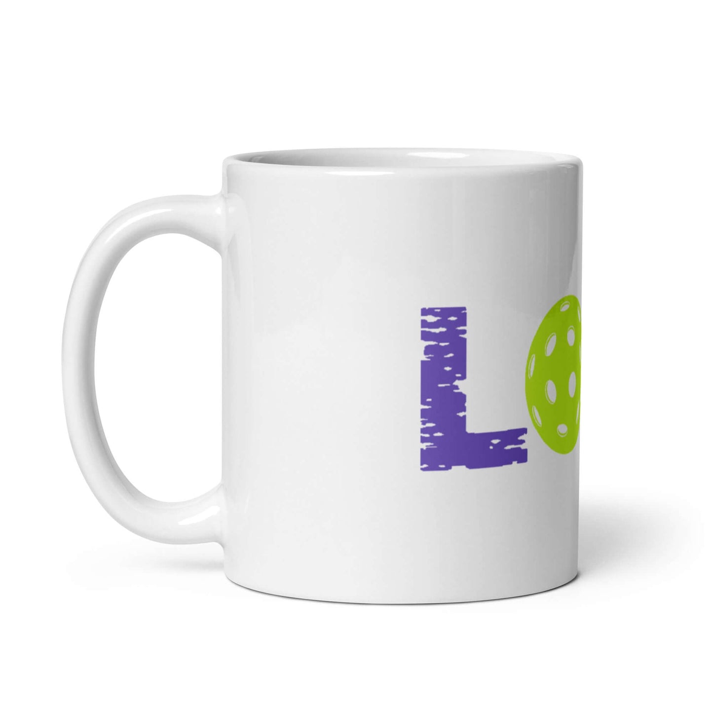 LOVE Pickleball white glossy mug showcasing vibrant design, perfect for coffee or tea lovers and pickleball enthusiasts.