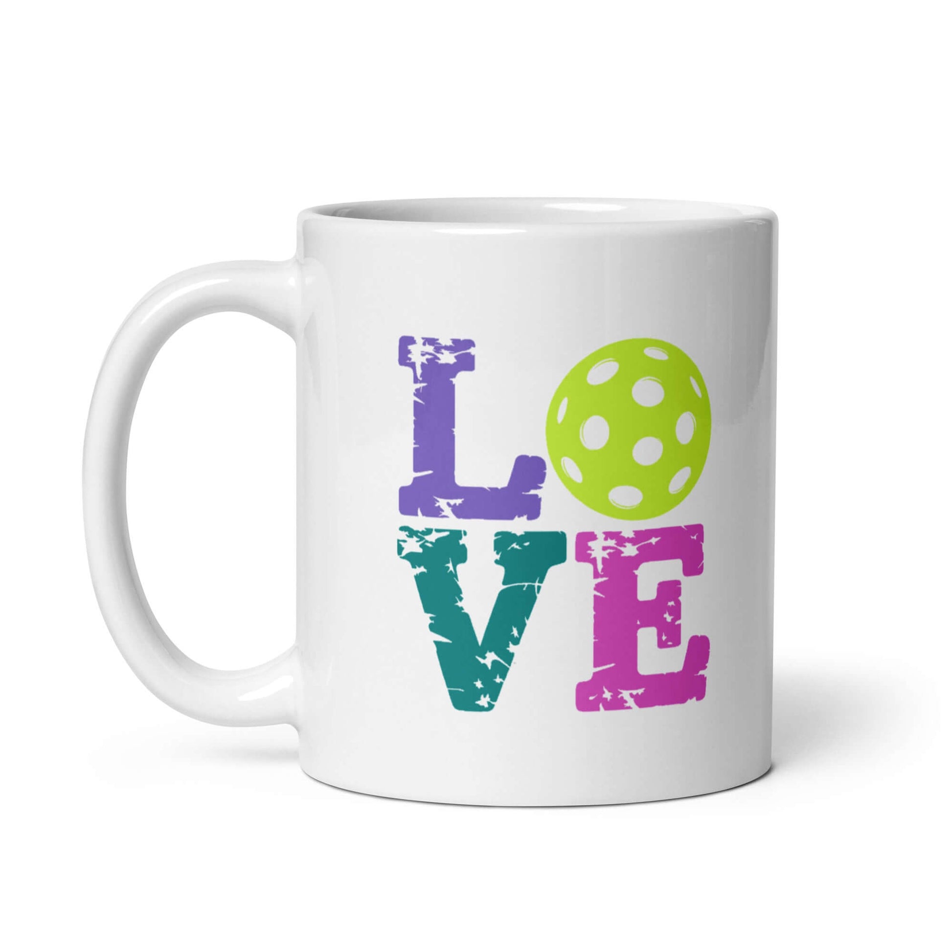 LOVE Pickleball White Glossy Mug featuring colorful text and a green pickleball design.