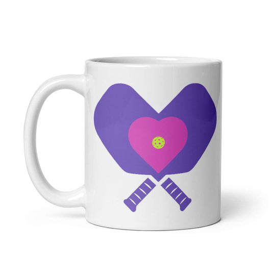 LOVE Pickleball White Glossy Mug with heart and paddle design, perfect for coffee and pickleball enthusiasts.