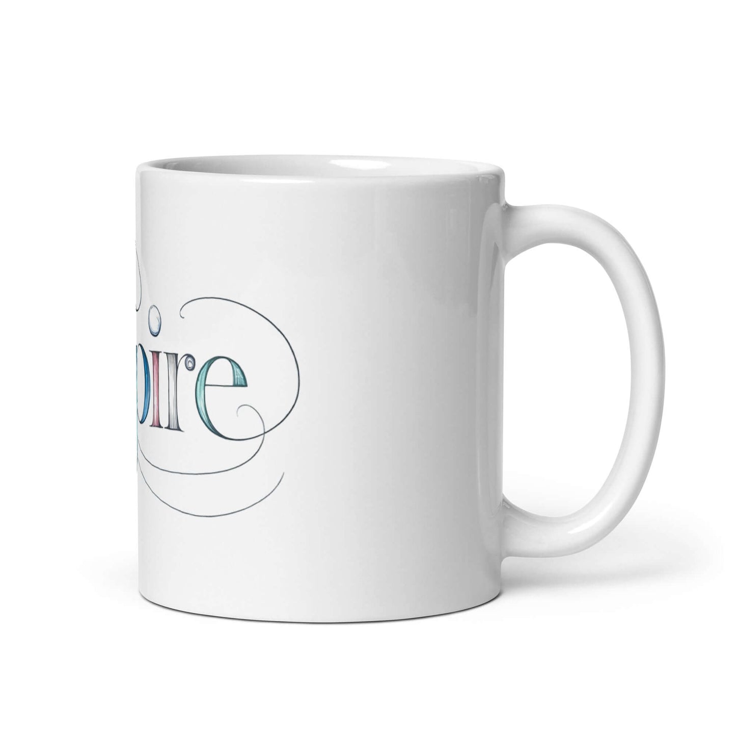 Elegant white glossy mug featuring the word "Inspire" in graceful letters with intricate swirls and patterns.