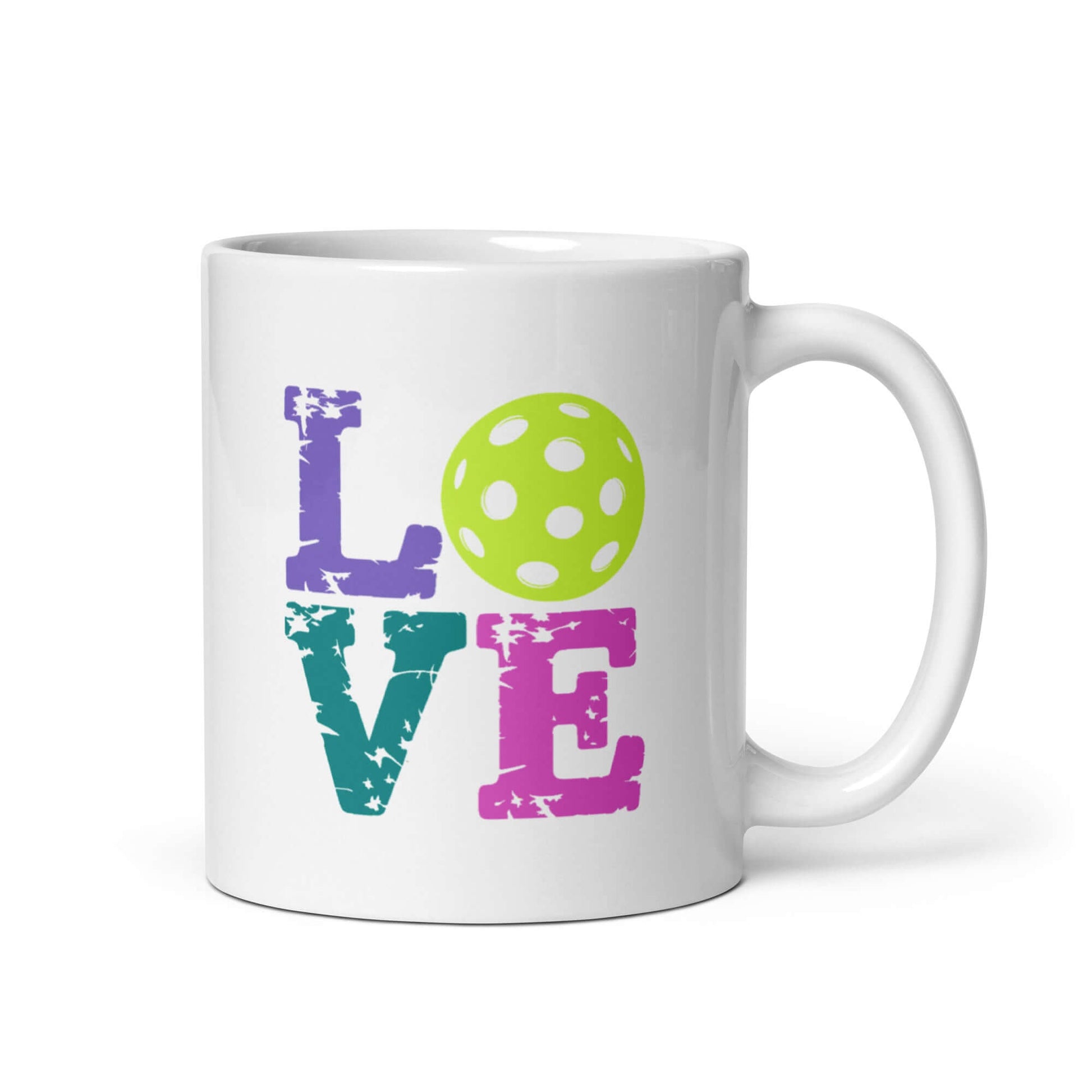 LOVE Pickleball white glossy mug featuring colorful text and a green pickleball design.