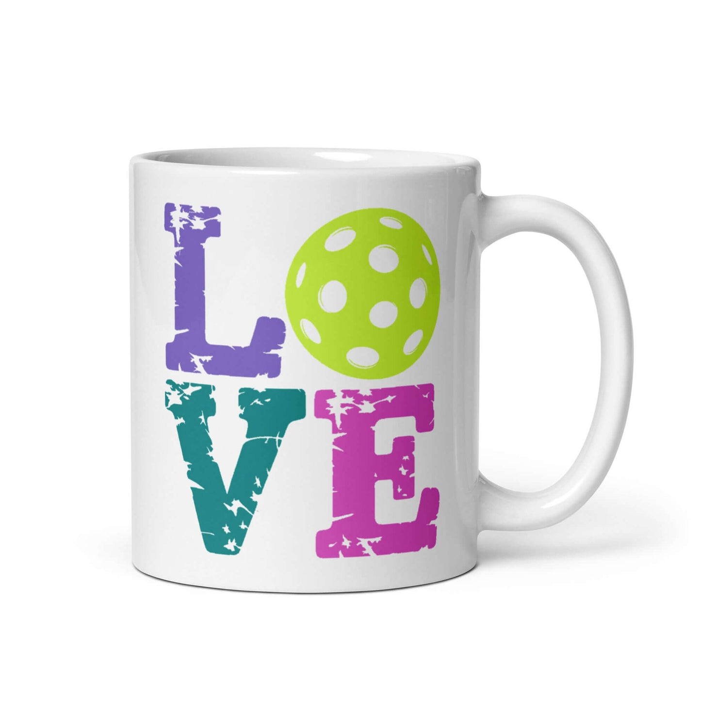 LOVE Pickleball White Glossy Mug featuring colorful letters and a green pickleball design.