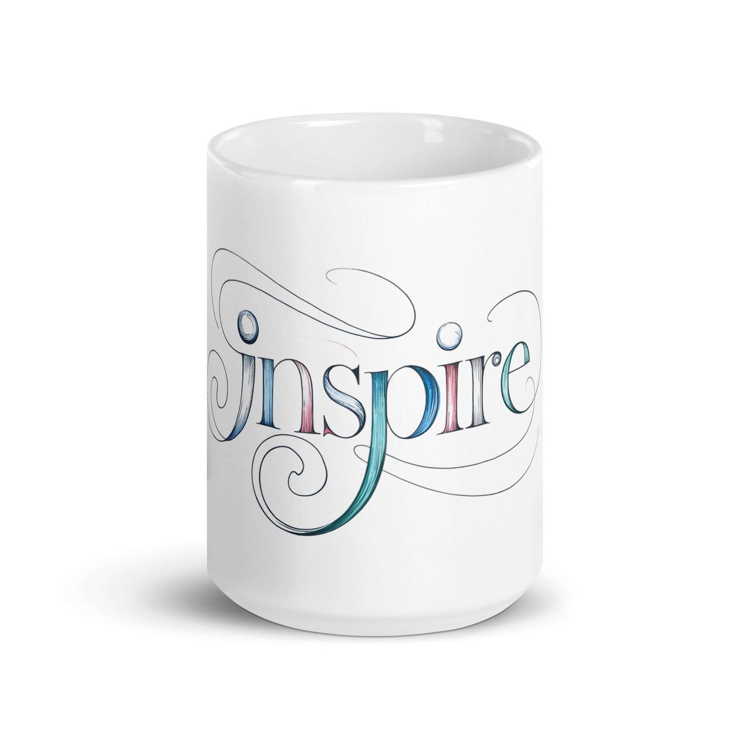 White glossy mug featuring elegant "Inspire" word art with swirls, perfect for motivational beverage moments.