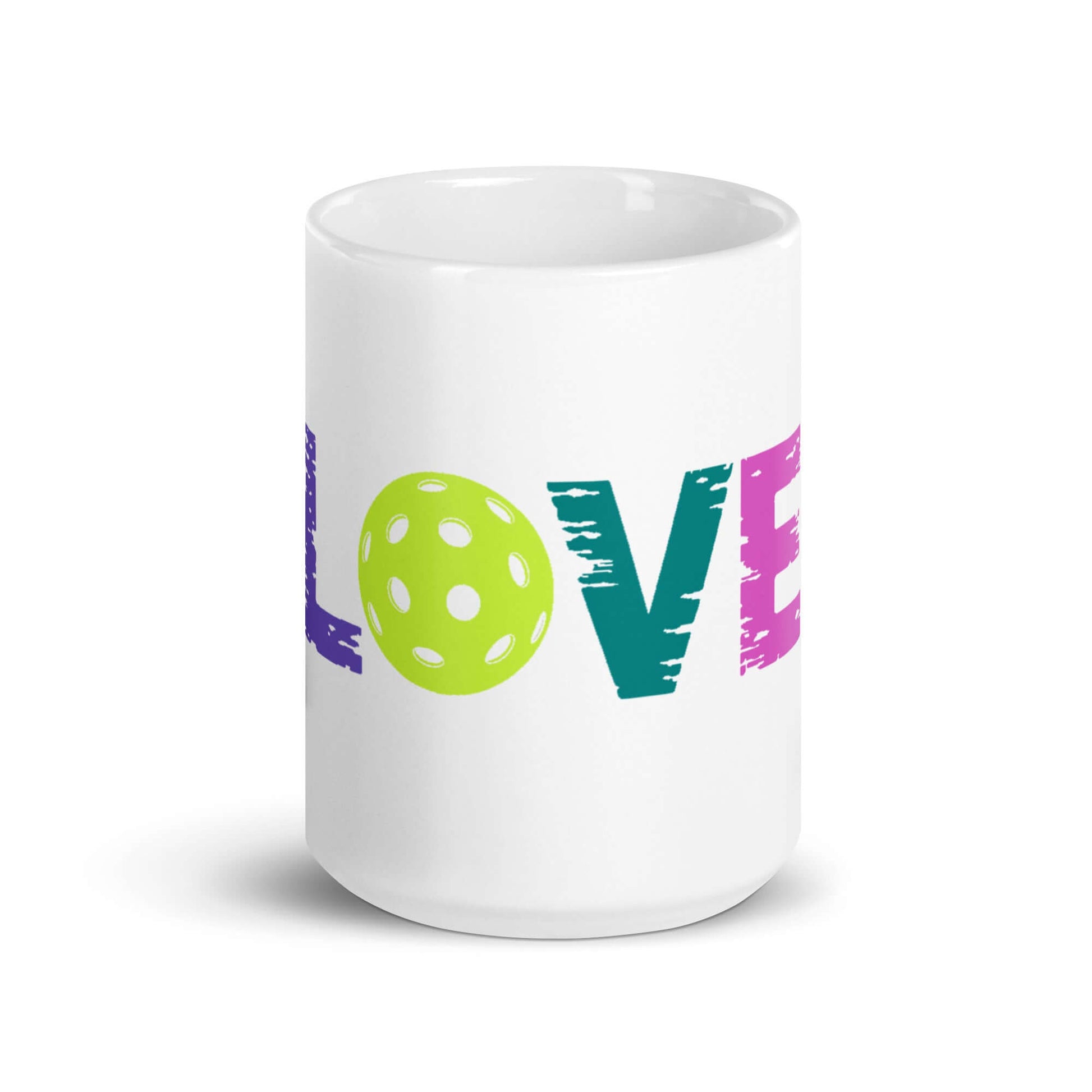 LOVE Pickleball white glossy mug featuring vibrant colors and a pickleball graphic, perfect for enthusiasts.