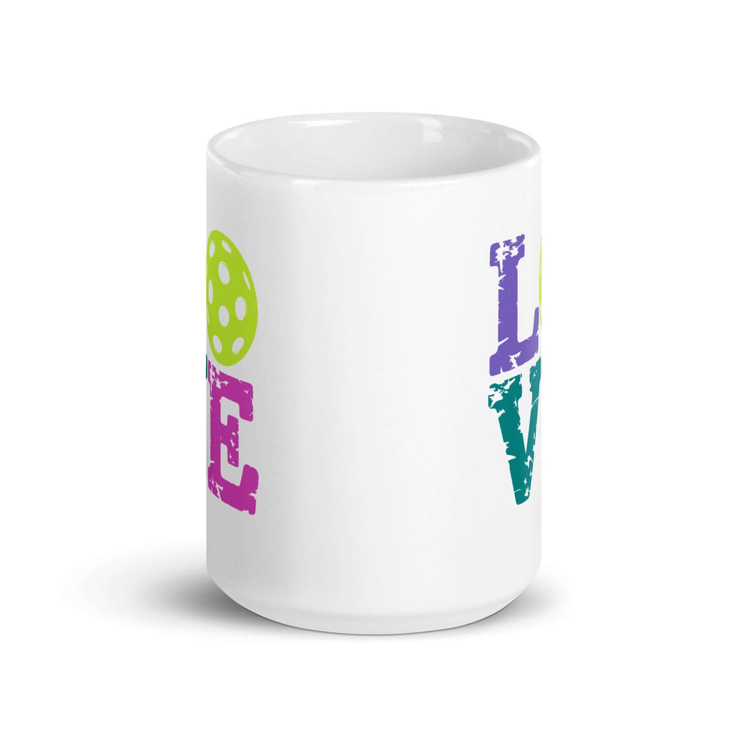 LOVE Pickleball white glossy mug featuring vibrant green and purple text design, perfect for pickleball enthusiasts.