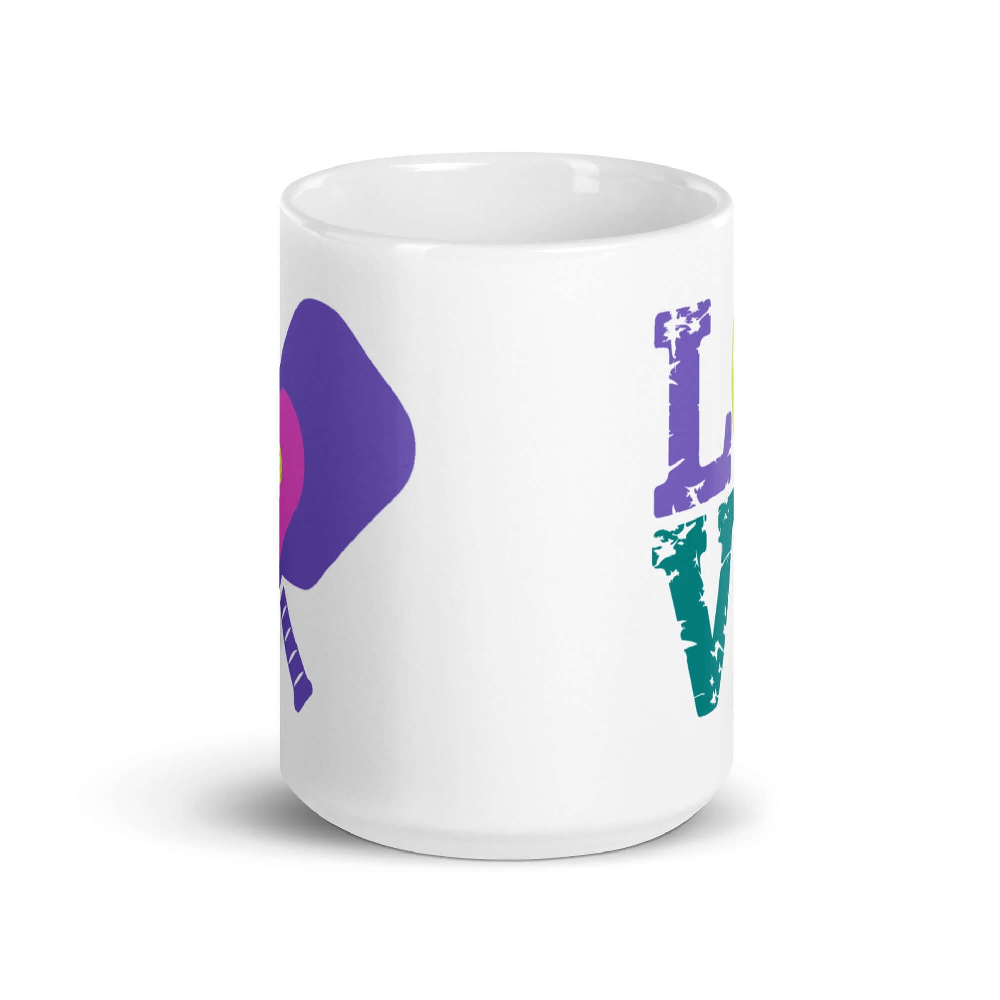 LOVE Pickleball white glossy mug with colorful design for coffee and tea lovers.