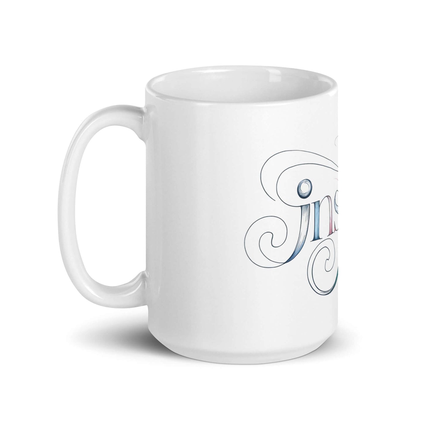 Inspire Sketch White Glossy Mug featuring elegant word art design with graceful letters and intricate patterns.