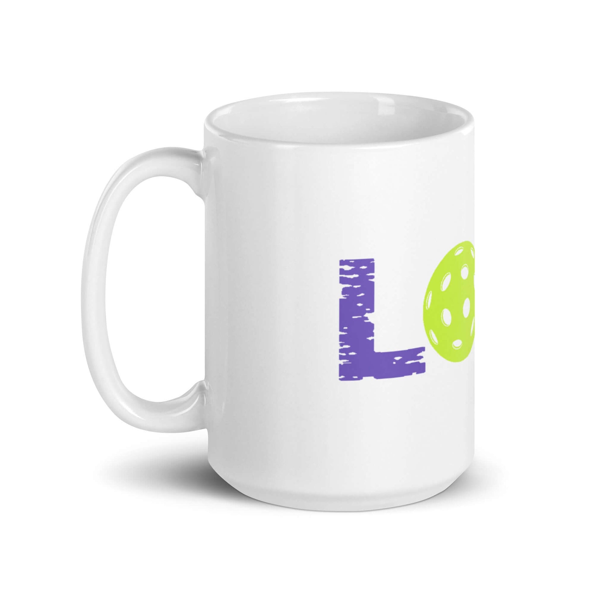 LOVE Pickleball design on a glossy white ceramic mug perfect for coffee and tea lovers.