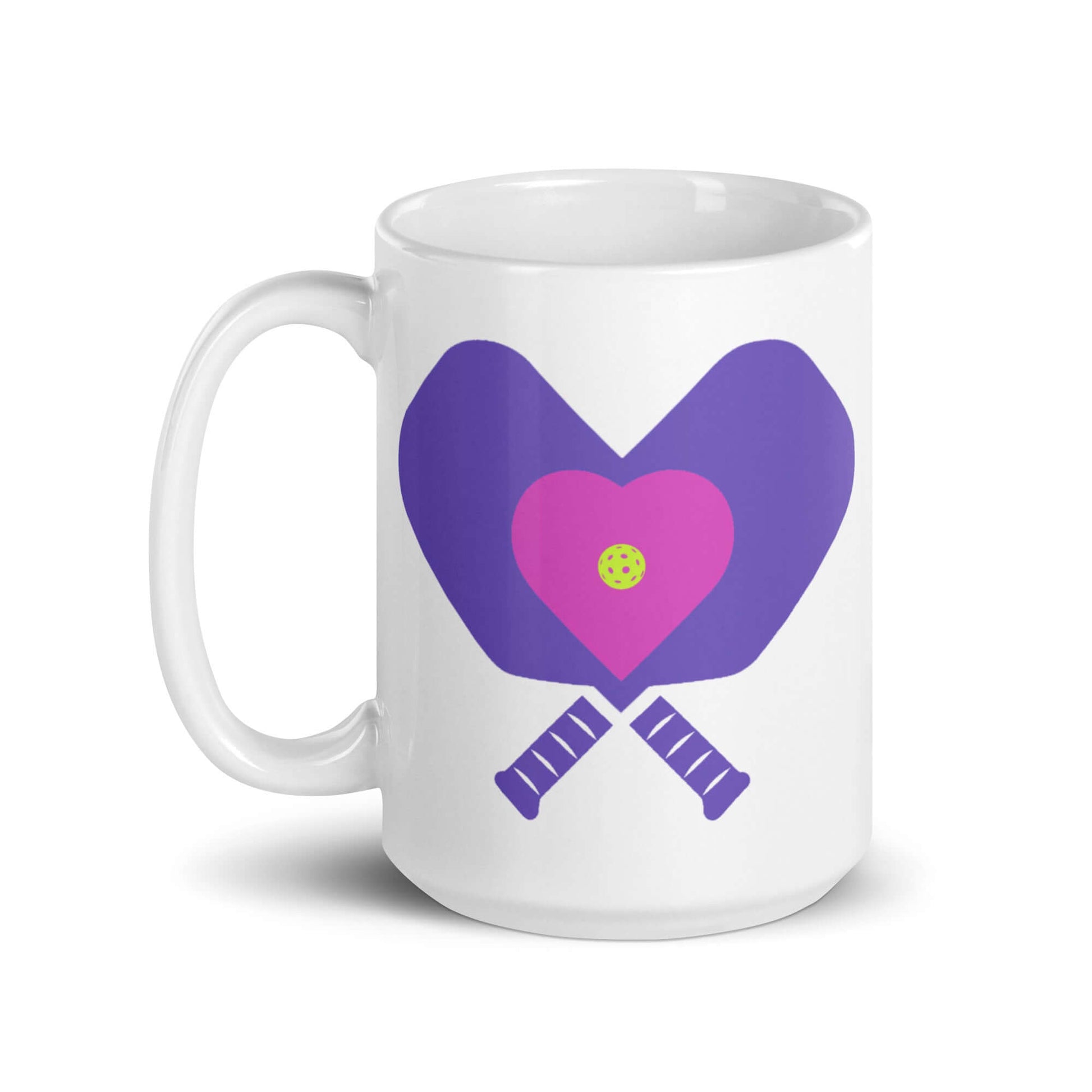 LOVE Pickleball White Glossy Mug featuring a heart and paddles design, perfect for pickleball enthusiasts.