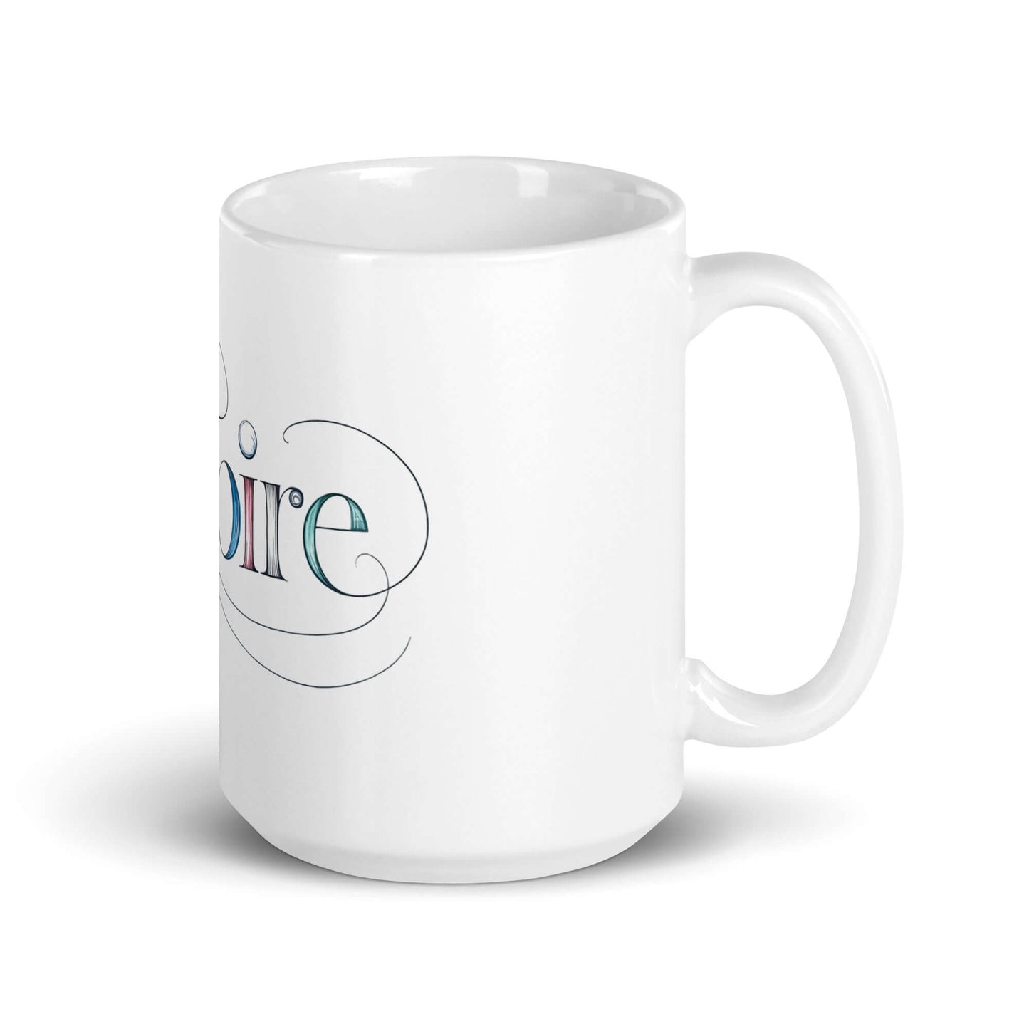 Inspire Sketch White Glossy Mug featuring elegant word art design with swirls and patterns for a creative beverage experience.