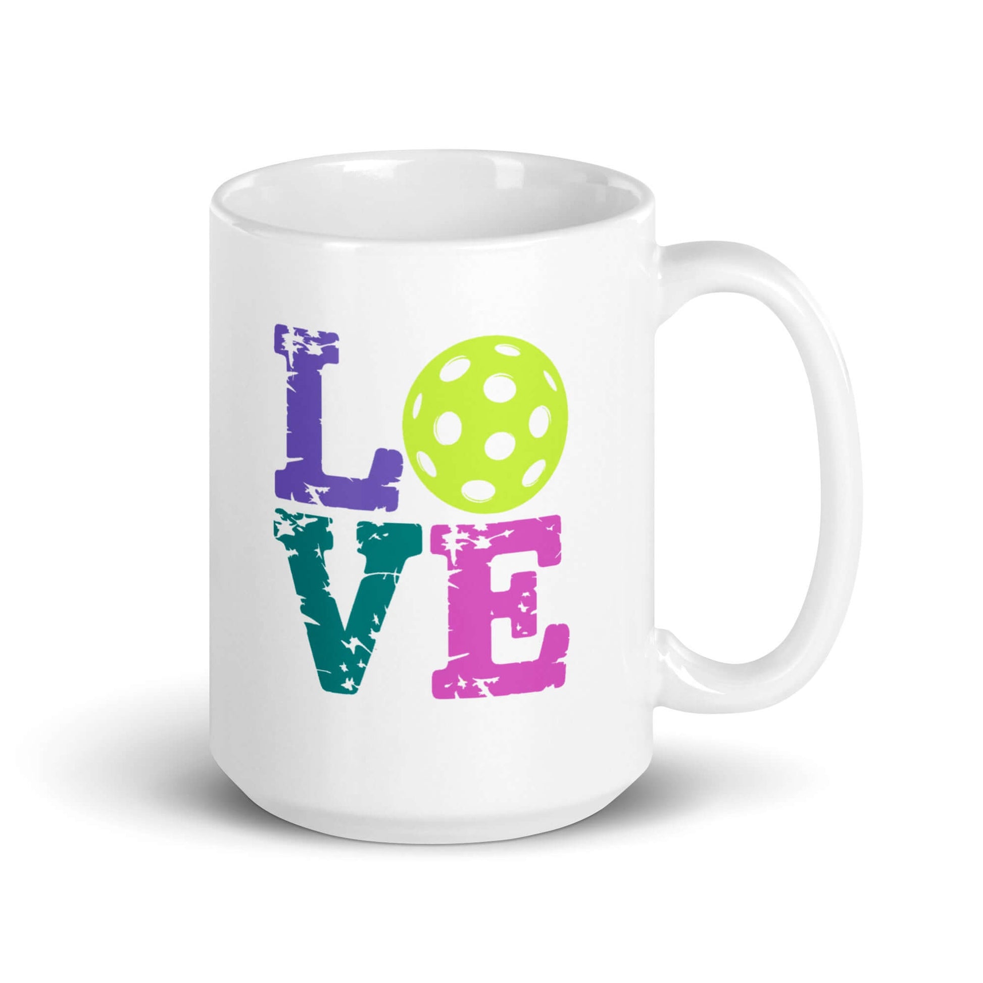 LOVE Pickleball white glossy mug featuring colorful lettering and a green polka dot pickleball design.