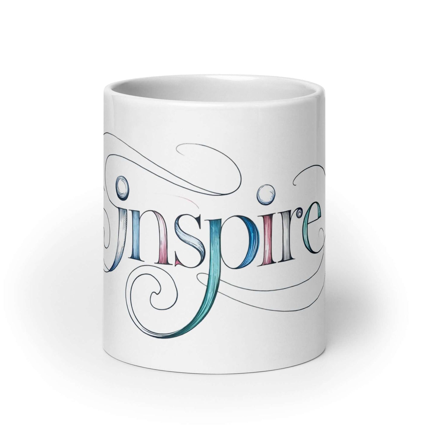 Elegant white glossy mug featuring the word "Inspire" with intricate swirls and patterns for motivation.