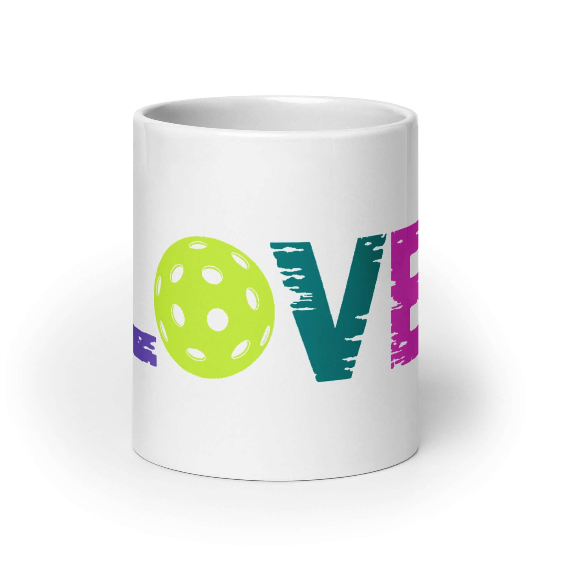 LOVE Pickleball glossy white mug featuring colorful lettering and a pickleball design.