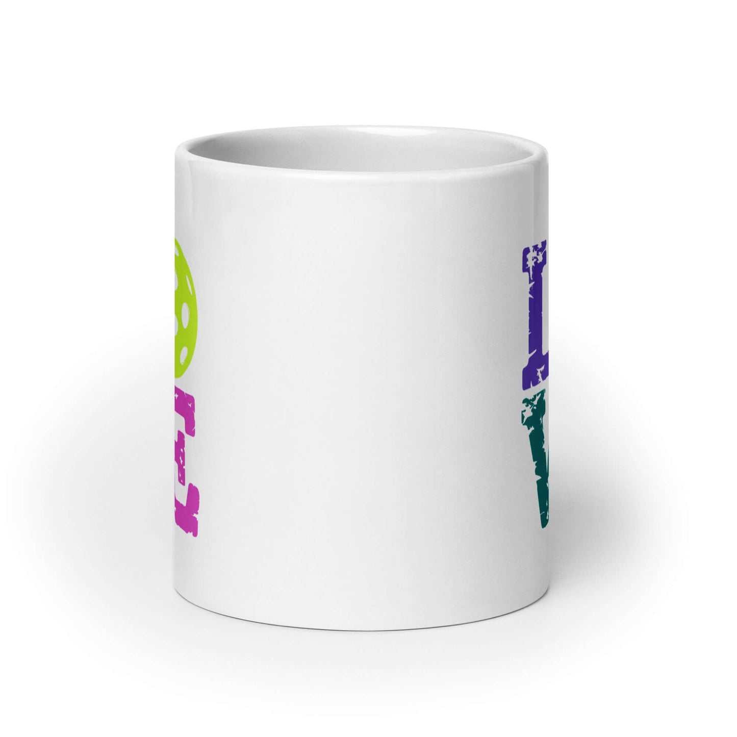 LOVE Pickleball glossy white mug featuring playful text and pickleball design for enthusiasts.