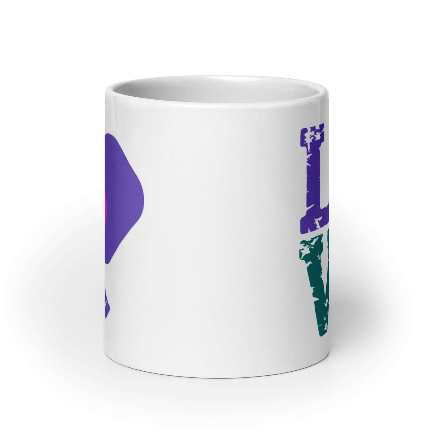 LOVE Pickleball white glossy mug with vibrant purple and green lettering, perfect for avid pickleball enthusiasts.