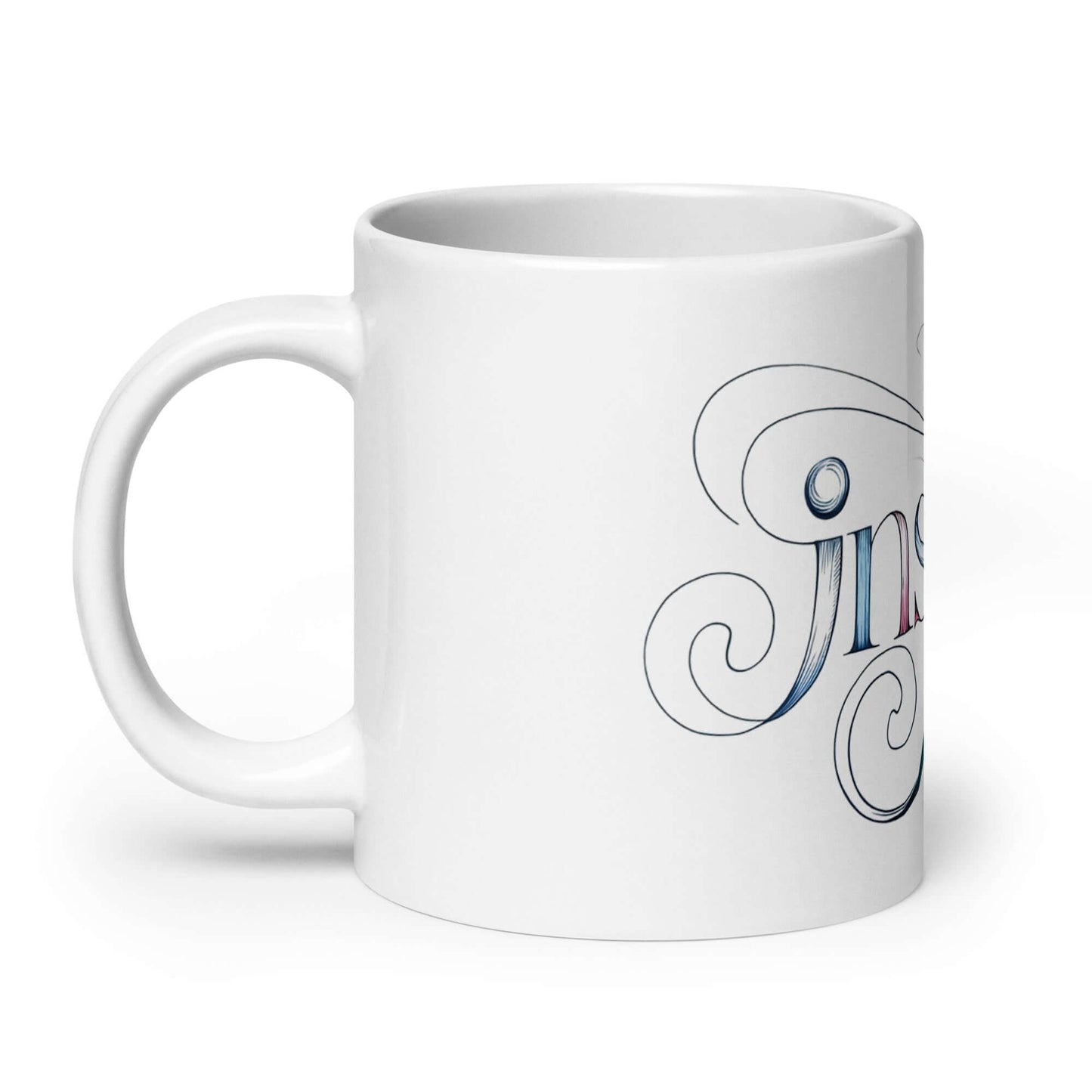 Inspire Sketch White Glossy Mug featuring elegant, swirling word art design centered on the word "Inspire."