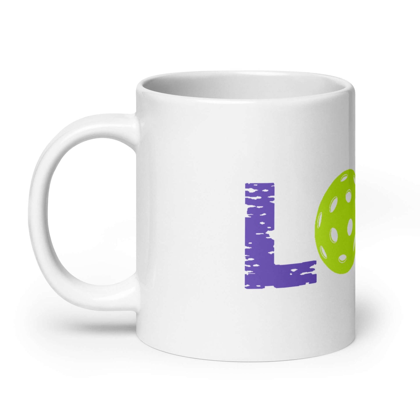 LOVE Pickleball white glossy mug with vibrant green pickleball design and purple lettering.