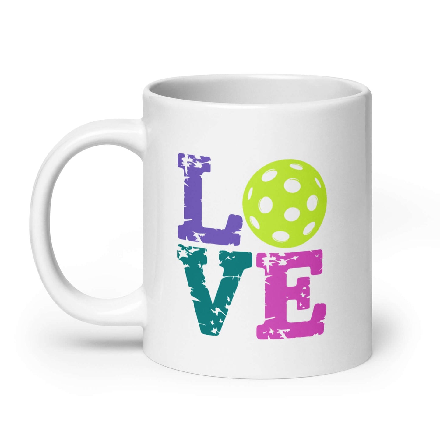 LOVE Pickleball White Glossy Mug with colorful letters and a dotted pickleball design, ideal for pickleball fans.