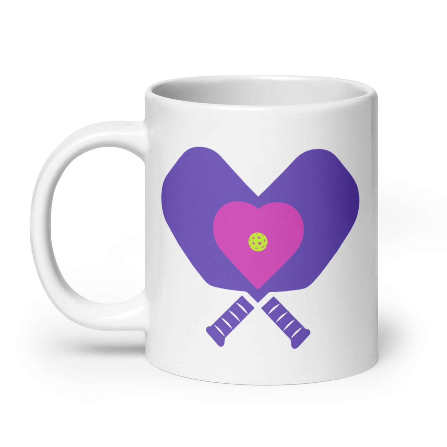 LOVE Pickleball White Glossy Mug featuring heart and paddles design, perfect for pickleball enthusiasts.