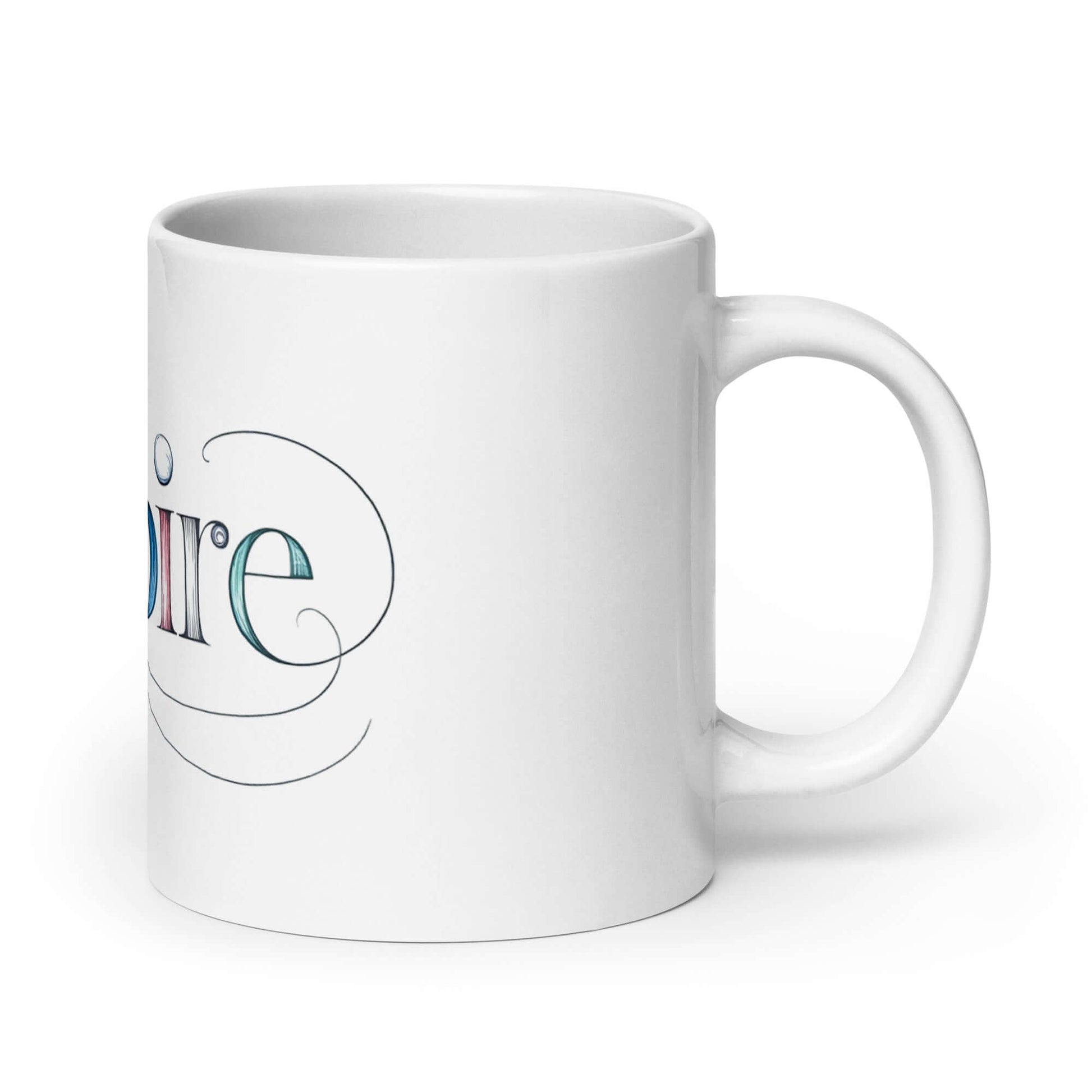 Inspire Sketch White Glossy Mug with elegant word art design, showcasing graceful letters and intricate swirls.