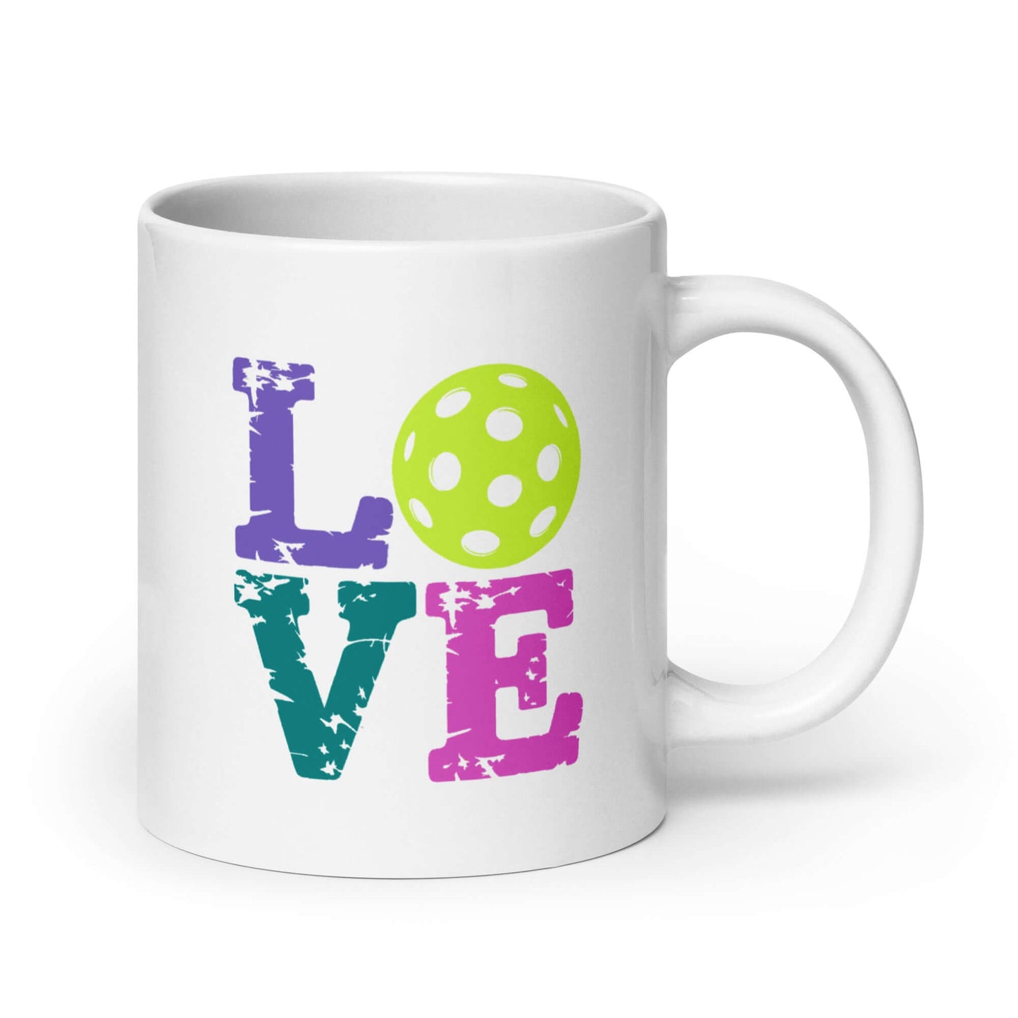 LOVE Pickleball White Glossy Mug with colorful text and green pickleball design.