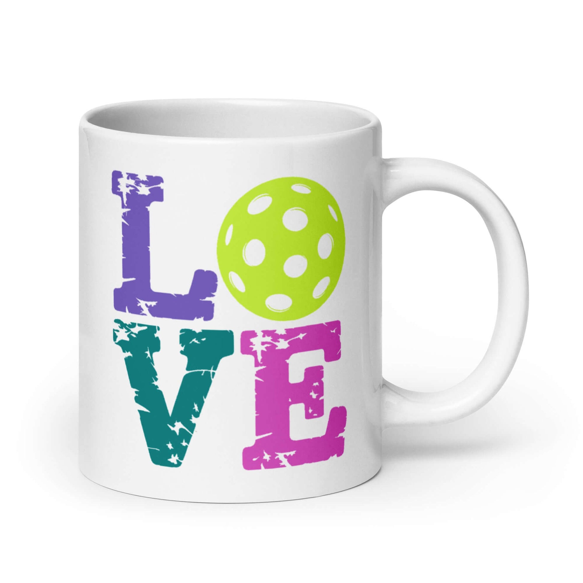 LOVE Pickleball white glossy mug with colorful text and a green pickleball design.