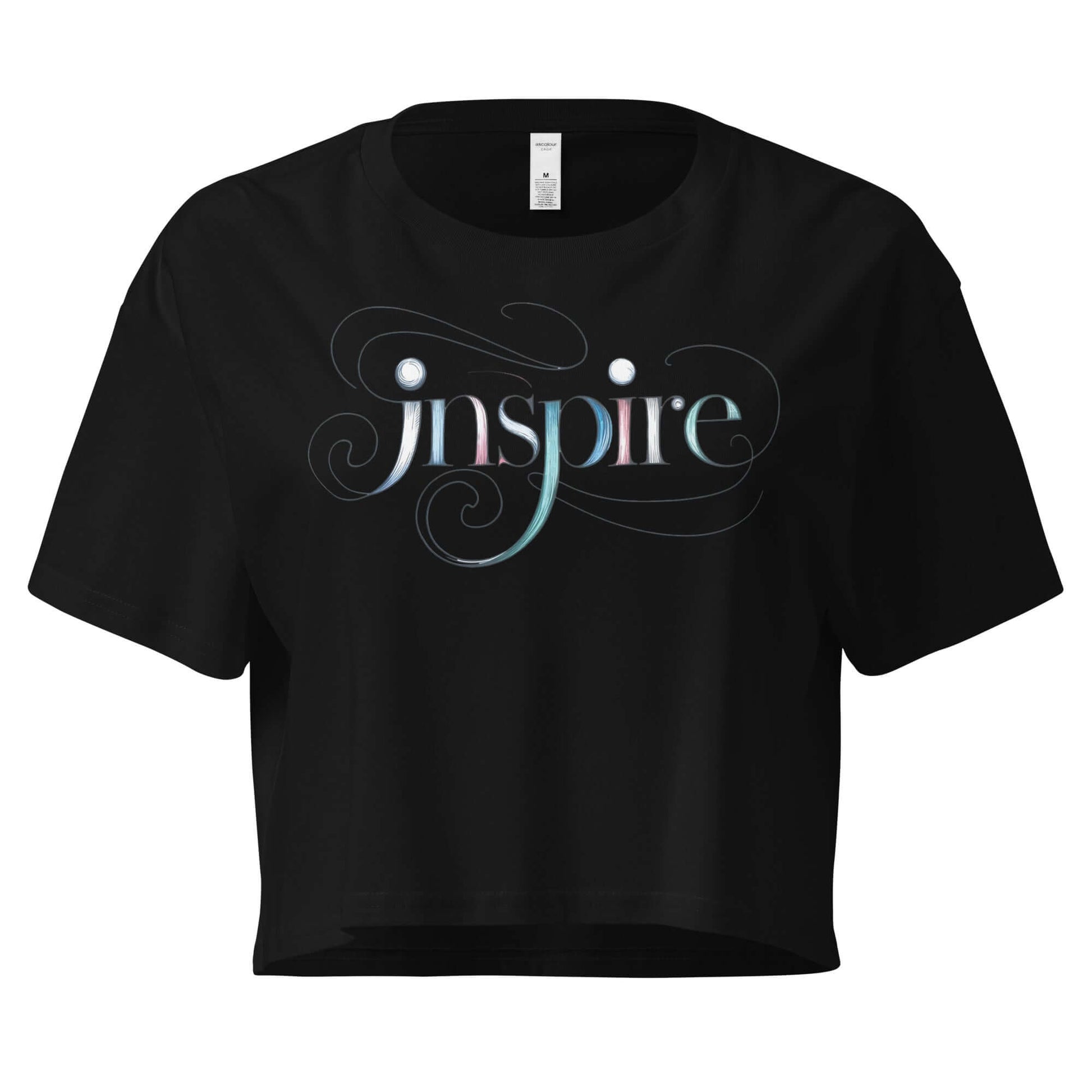 Inspire Sketch Women's Crop Top featuring elegant word art design on a black fabric.