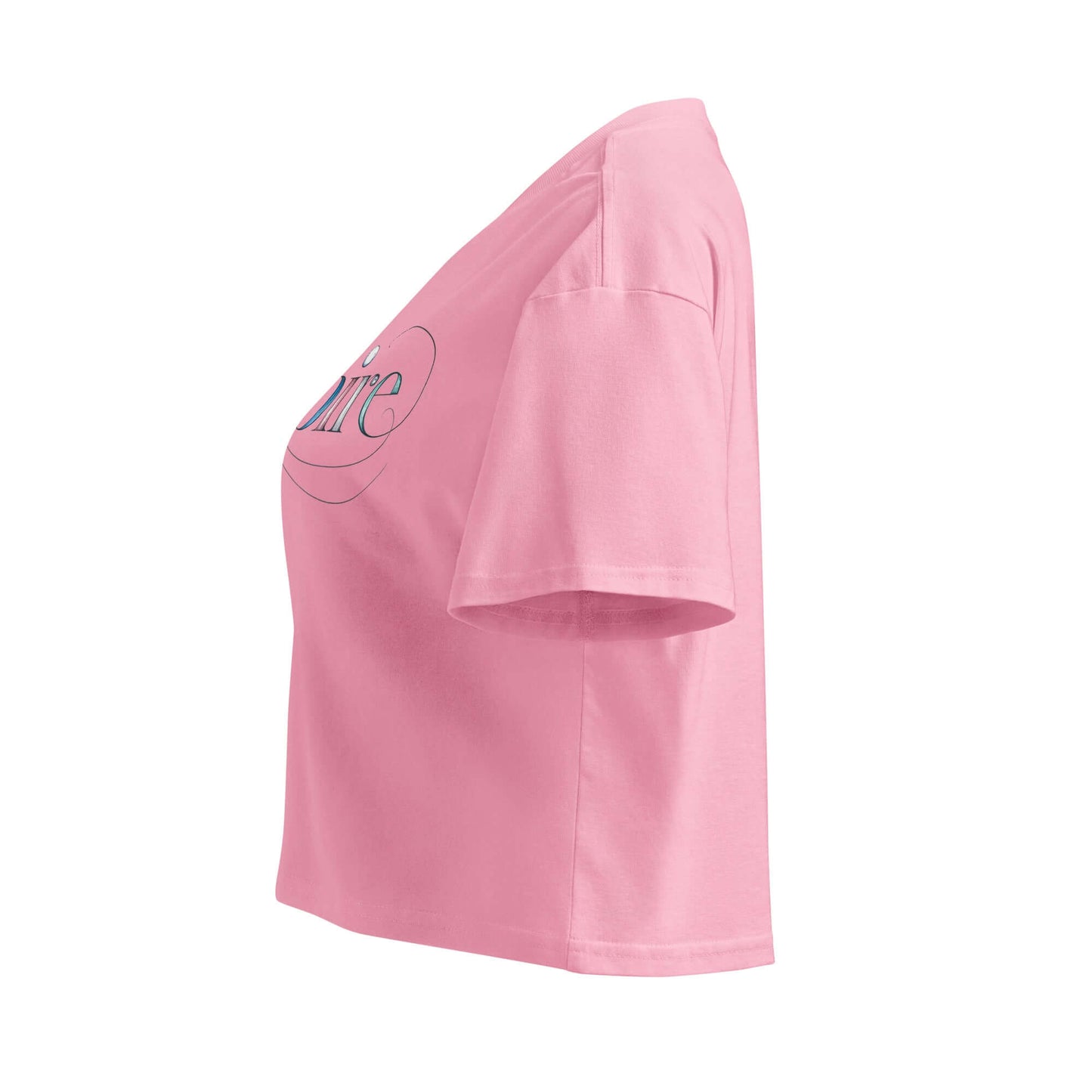 Side view of the Inspire Sketch Women's Crop Top in pink, featuring elegant word art design and stylish short sleeves.