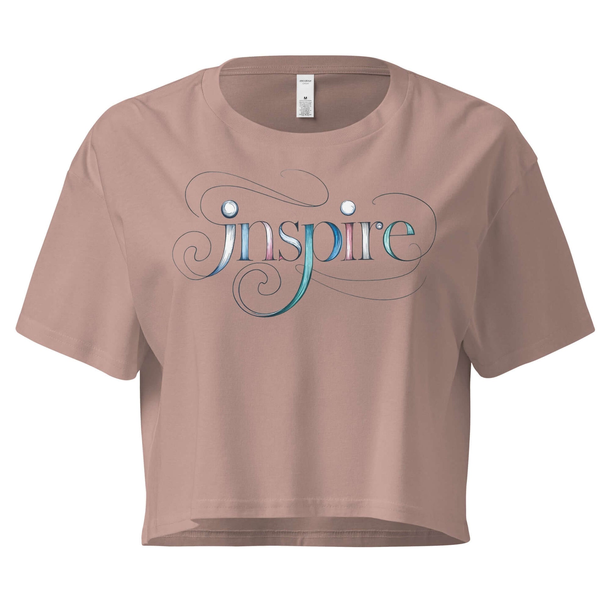 Inspire Sketch Women's Crop Top in soft beige featuring elegant word art design with flowing letters.