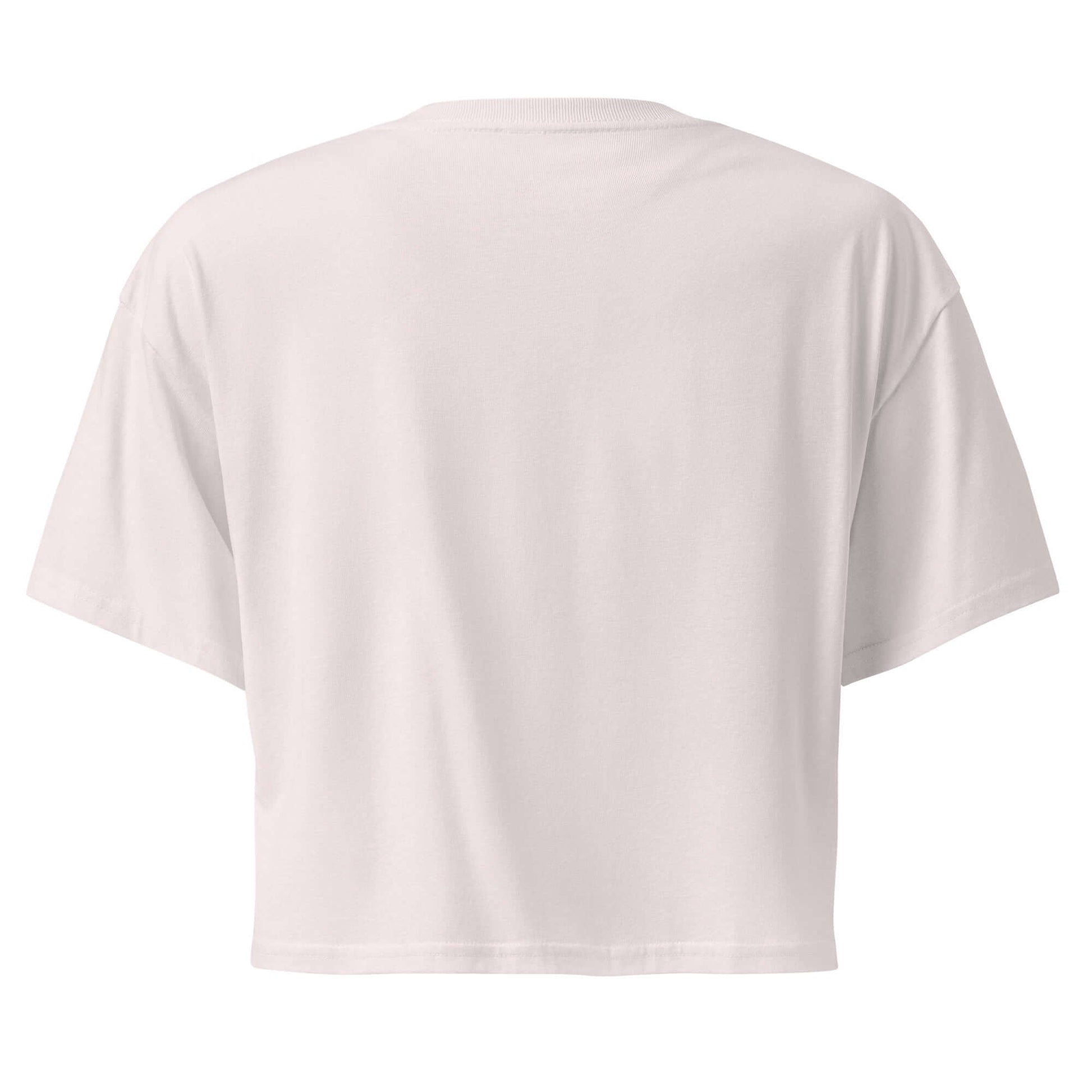 Back view of the Inspire Sketch Women's Crop Top in soft white, showcasing its relaxed fit and comfortable design.