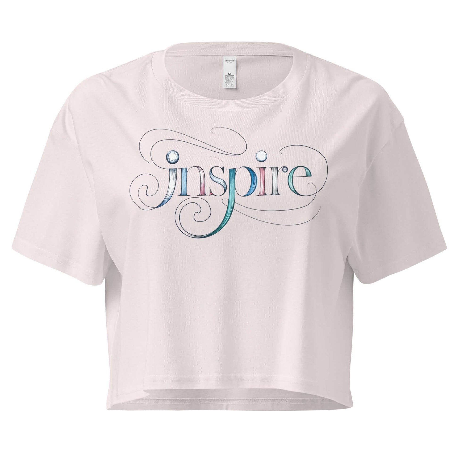 Inspire Sketch Women's Crop Top featuring elegant word art design in soft colors on a white background.