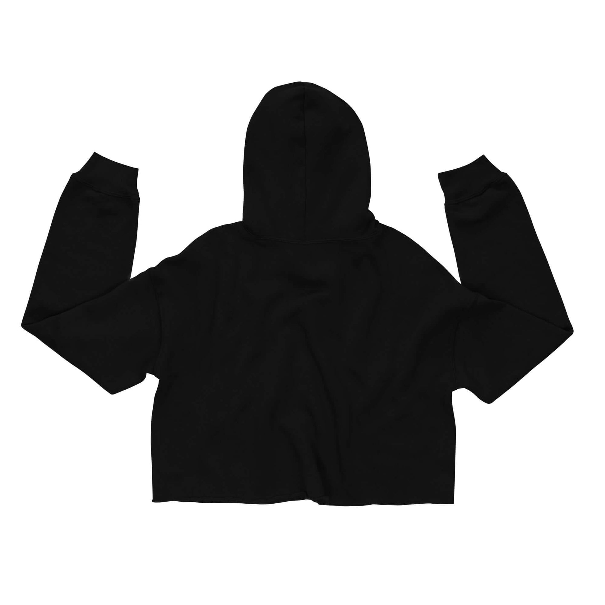 Back view of Women's LOVE Pickleball Crop Hoodie in black, showcasing stylish cropped design and hood.