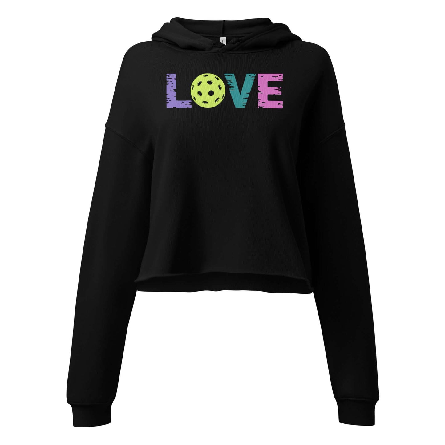 Women's cropped black hoodie with colorful 'LOVE' design featuring a pickleball as the letter 'O'.