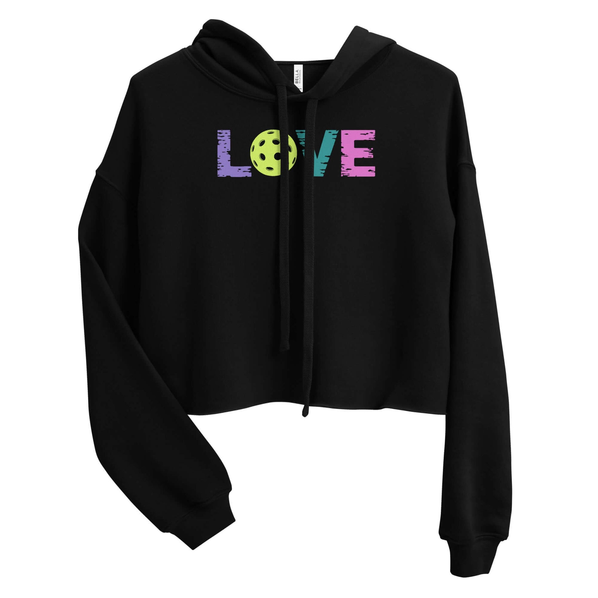 Women’s LOVE Pickleball Crop Hoodie in black, featuring colorful 'LOVE' design with pickleball 'O'.