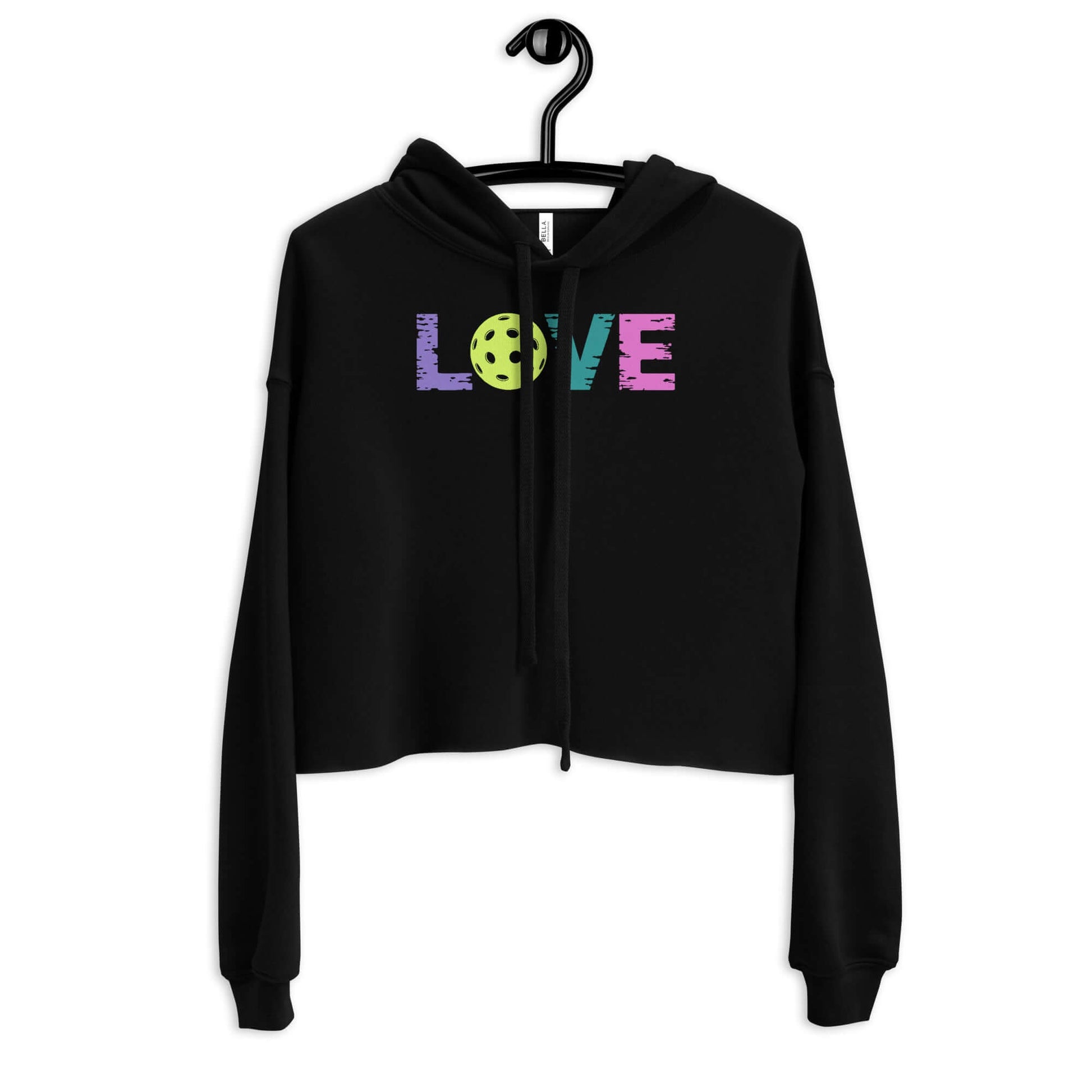 Women’s LOVE Pickleball Crop Hoodie with playful 'LOVE' design and pickleball icon, perfect for stylish athletes.