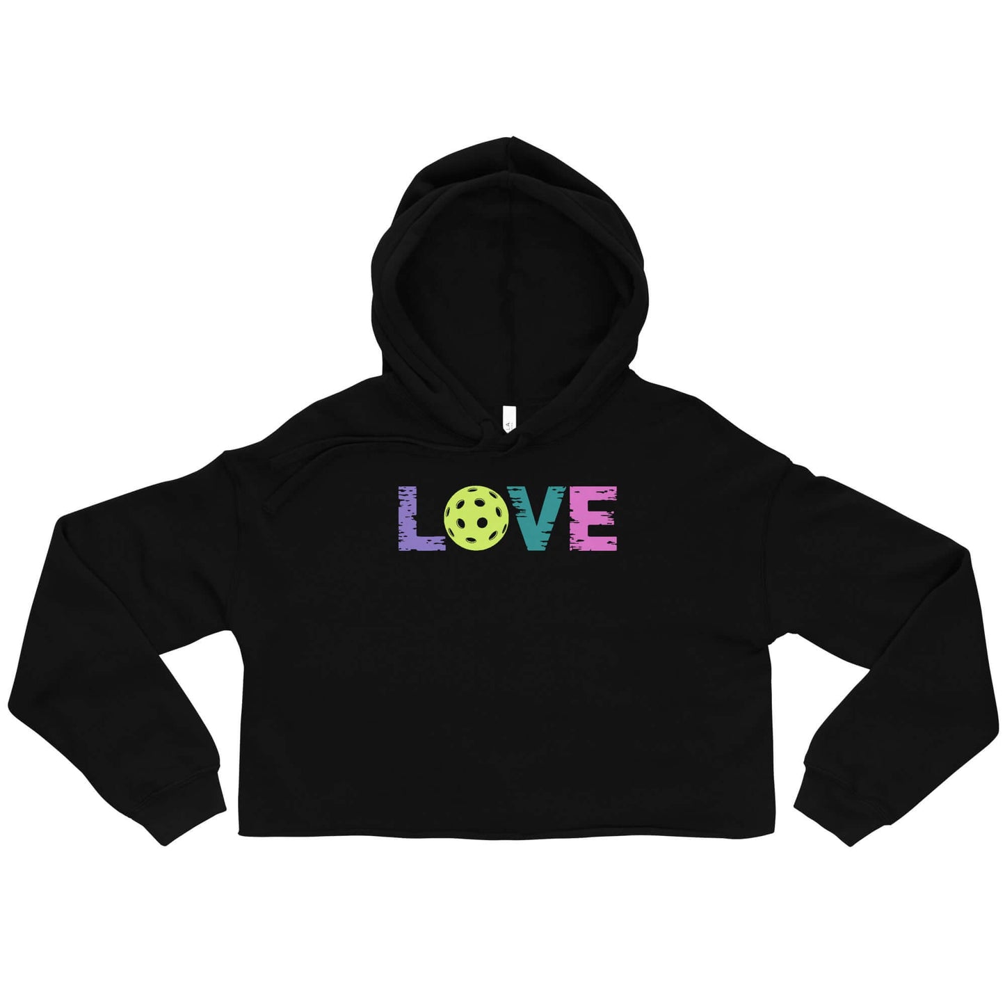 Black women's crop hoodie featuring colorful 'LOVE' design with a pickleball as the letter 'O' for pickleball enthusiasts.