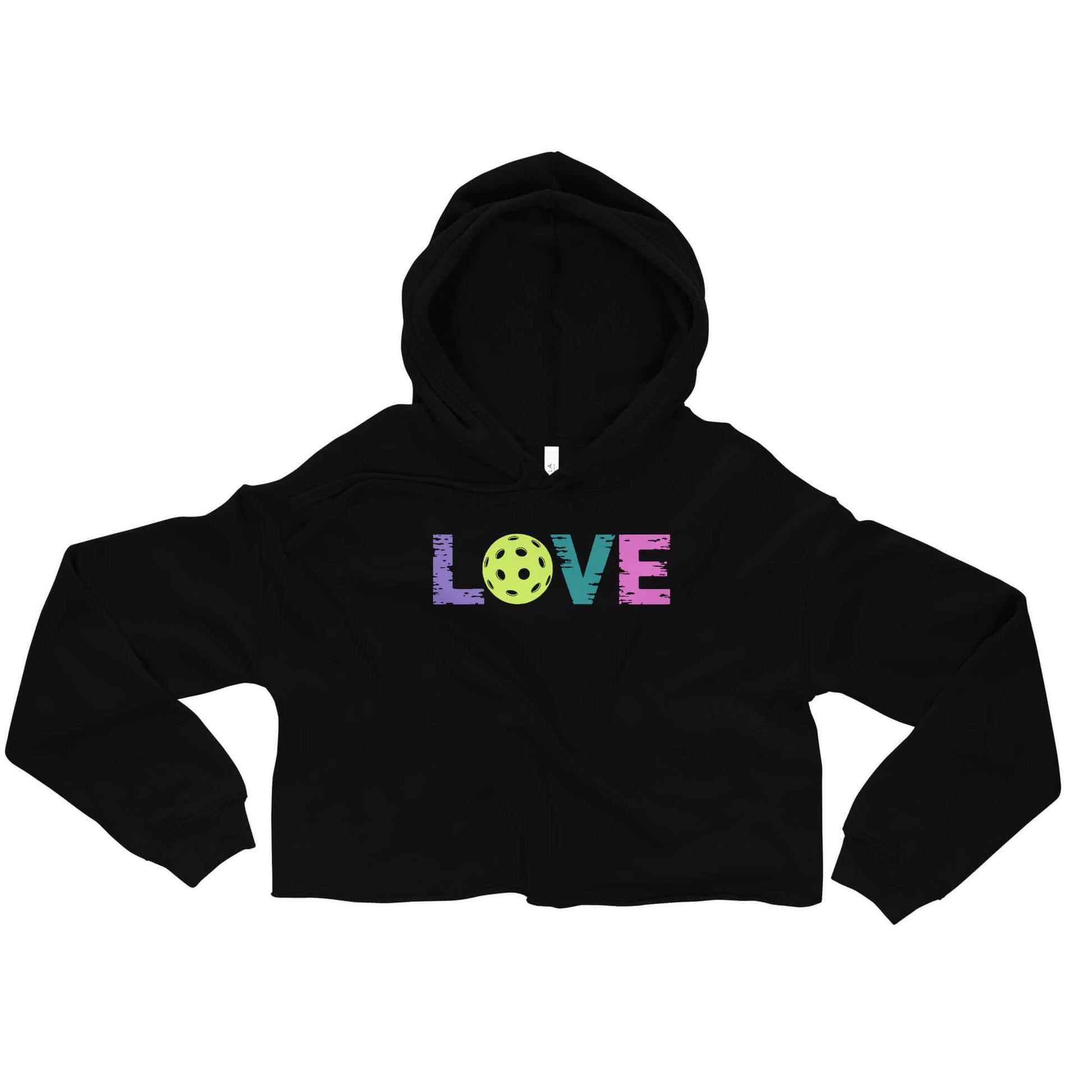 Women's black cropped hoodie featuring a colorful 'LOVE' design with pickleball graphic, perfect for sporty style.